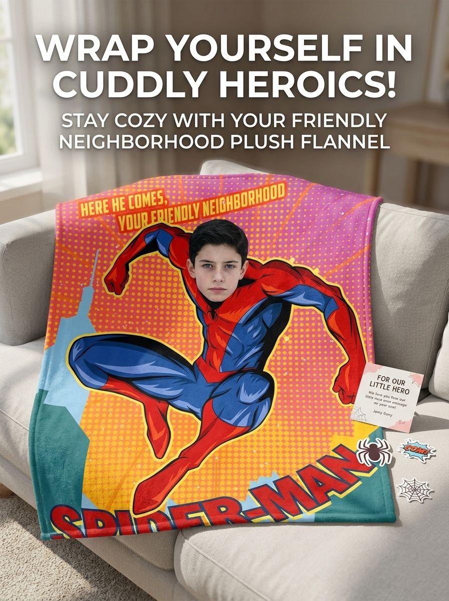 Custom Face Superhero Comic Flannel Blanket Personalized Photo Throw for Kids Boys Room Decor Soft Warm Gift