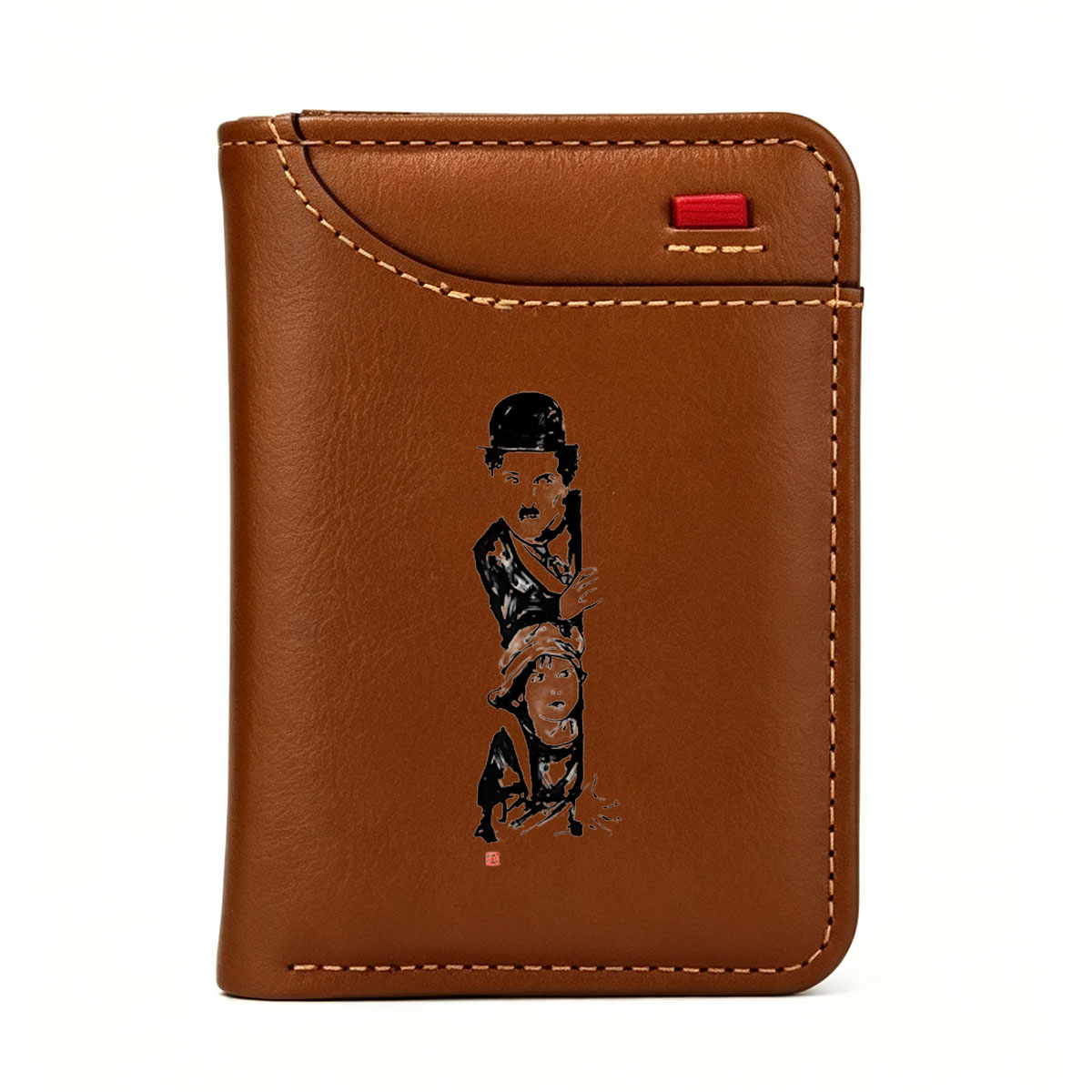 Two figures in hats, one standing and one seated, rendered in high-contrast black and white. - Vertical Style Wallet
