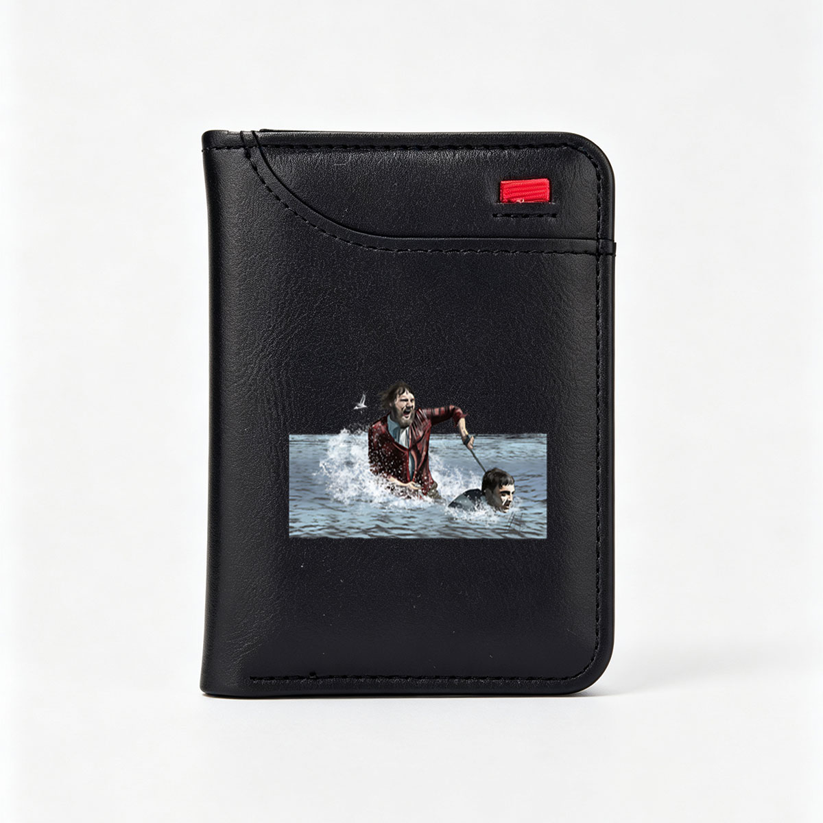 Man in Red Coat Pulls Drowning Man from Water with Stick - Vertical Style Wallet