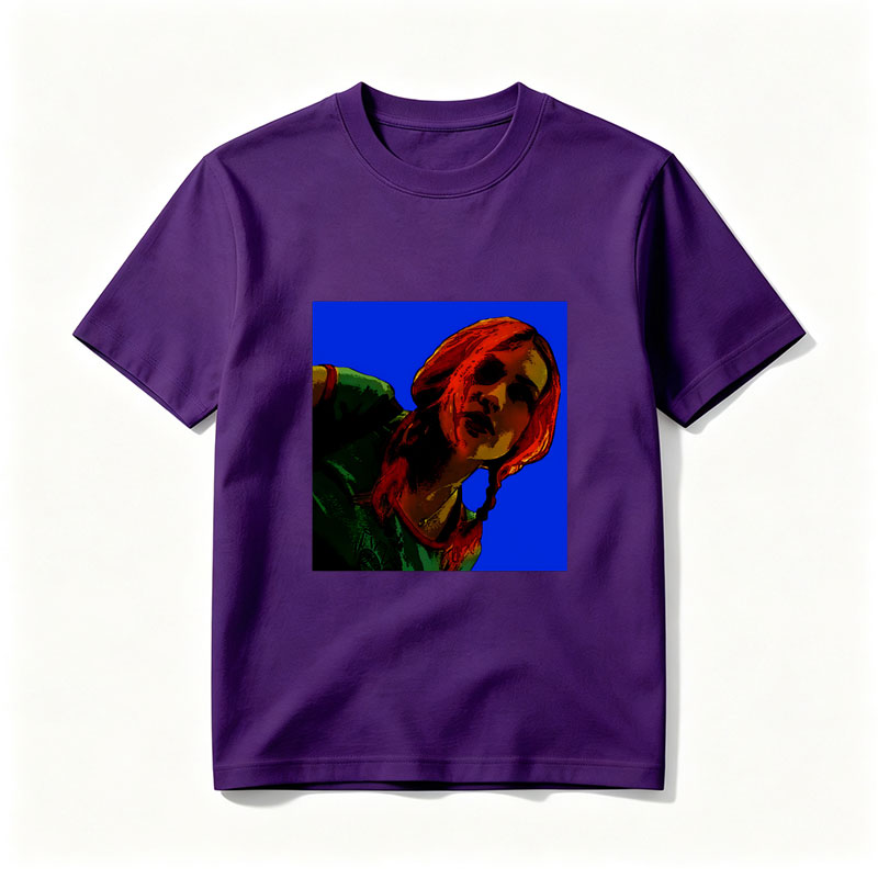 Red-Haired Woman in Green Top Against Blue Background - Tee