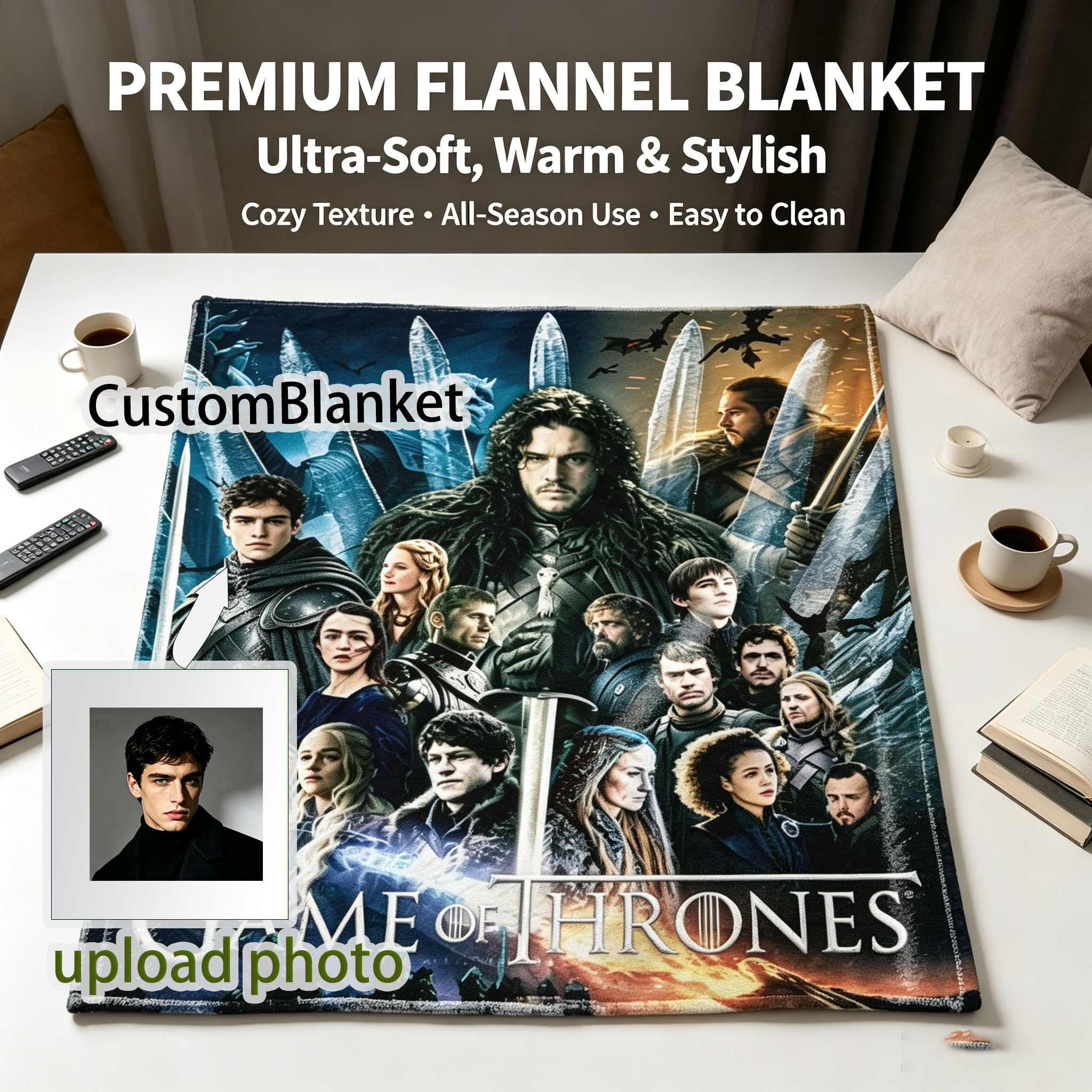 Custom Face Blanket Game of Thrones Flannel Blanket for Couch, Bed, or Travel – Perfect Gift for Fans and Collectors