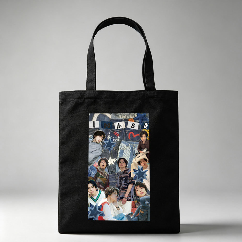 IMASE Members in a Denim-Themed Collage with Stars and Playful Elements - Canvas tote bags
