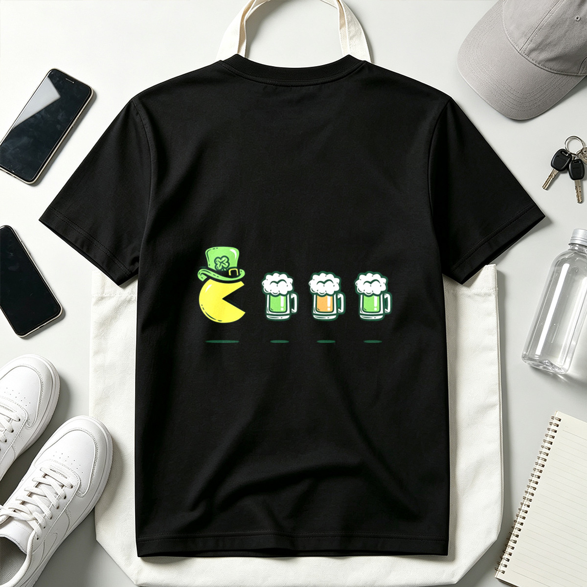 Pac-Man Wears a Leprechaun Hat and Approaches Beer Mugs - Tee