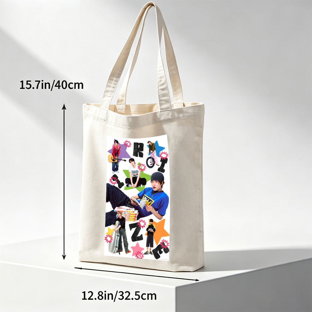 RIIZE Members in Casual Moments Reading, Playing Guitar, and Riding Bike with Vibrant Star Background - Canvas tote bags