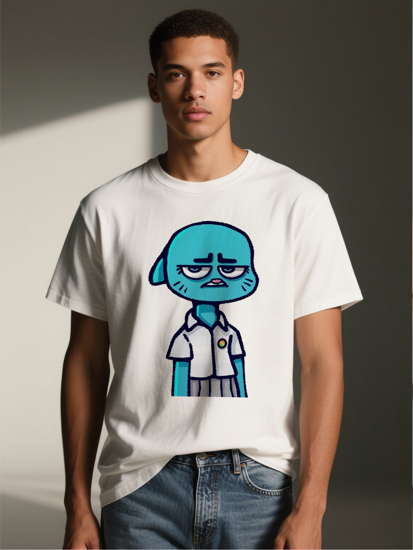 Men's Printed T-Shirt Featuring Blue Cartoon Character with Sad Expression and School Uniform Design, Casual Round Neck Lightweight Breathable Summer Short Sleeve Tee for Daily Wear, College Students, and Pop Culture Fans