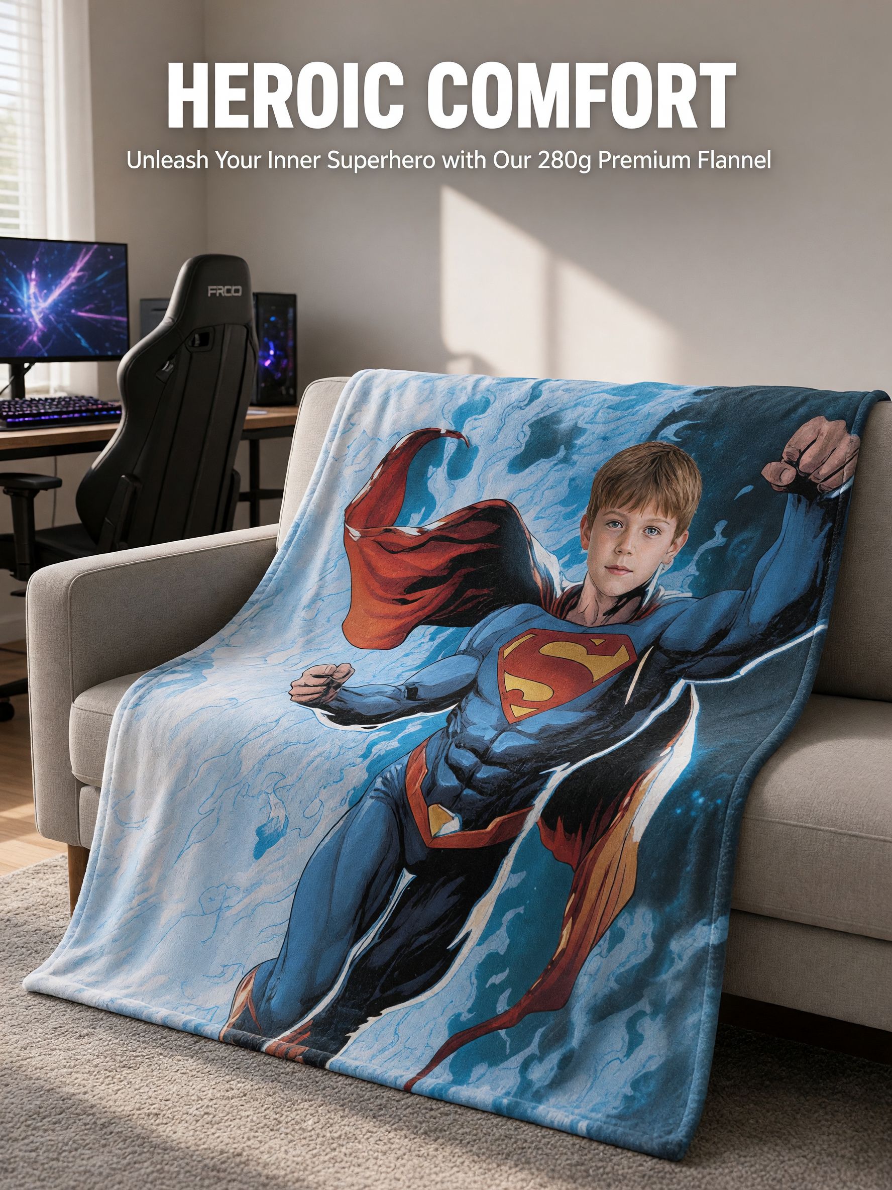 Custom Face Blanket Personalized Comic Superhero Photo Flannel Throw Ultra-Soft Warm Gift for Boys Kids and Family