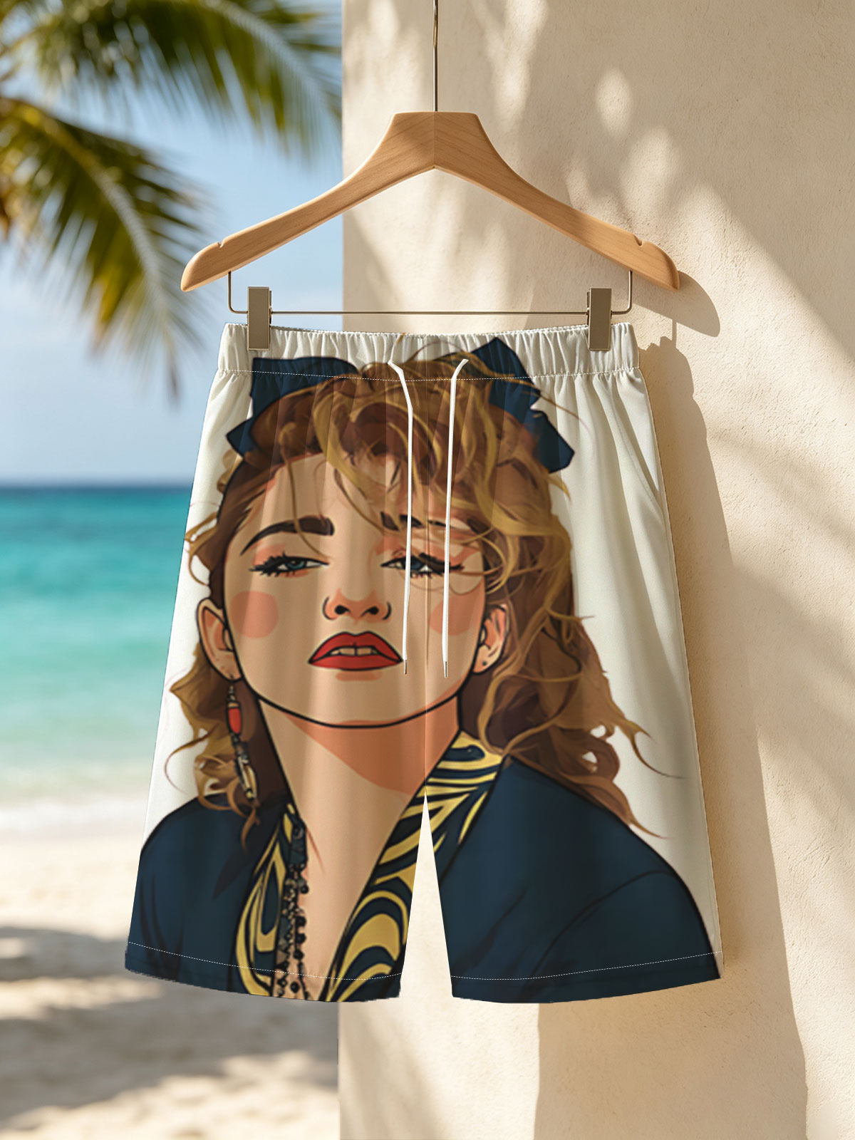 Portrait of a Woman with Blonde Hair and Blue Bow, Wearing a Navy Blue Top with Yellow Patterns -  Beach shorts