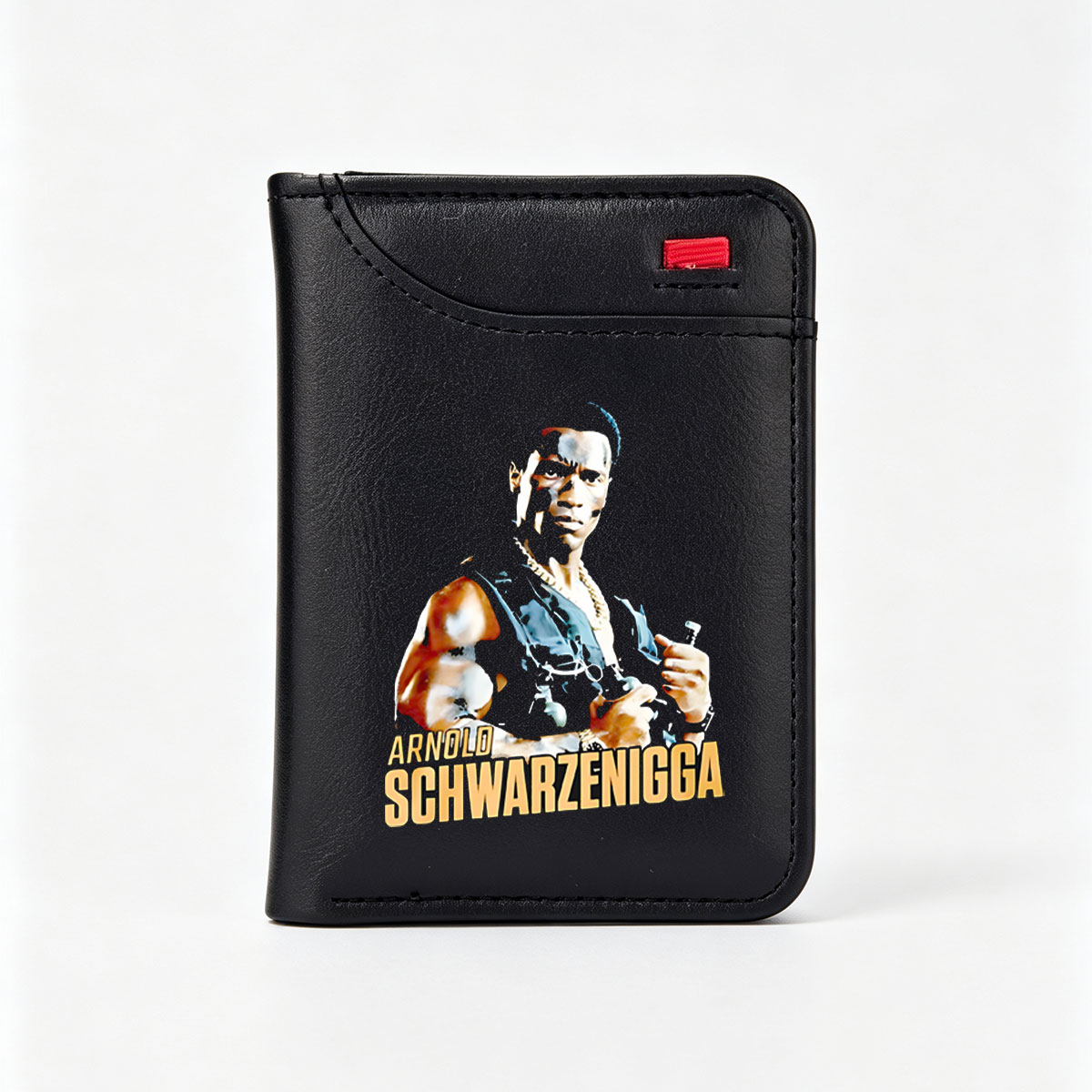 Arnold Schwarzenegger in Action Pose with Bottle and Chain Necklace - Vertical Style Wallet