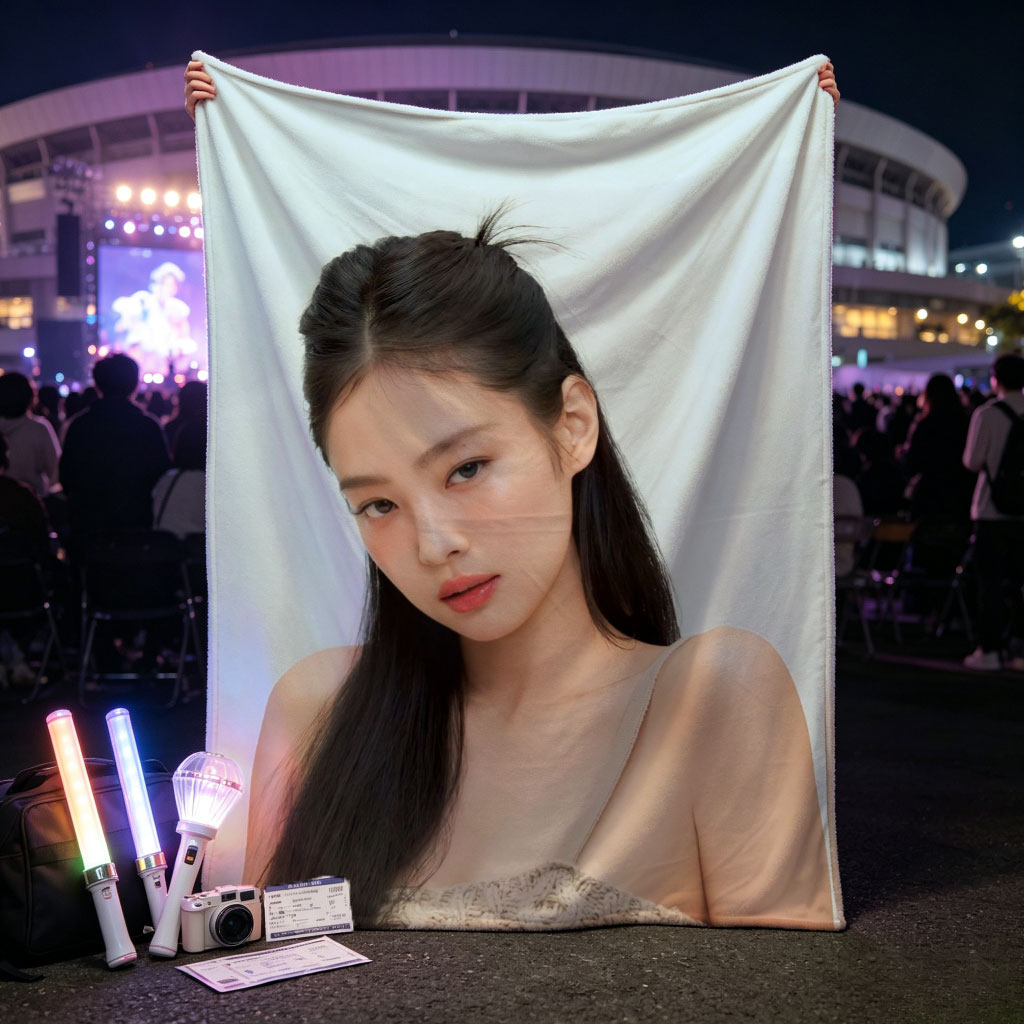 Jennie Kim in a Minimalist Look Wearing a Beige Knit Crop Top Against a Soft Blue Background - Blankets