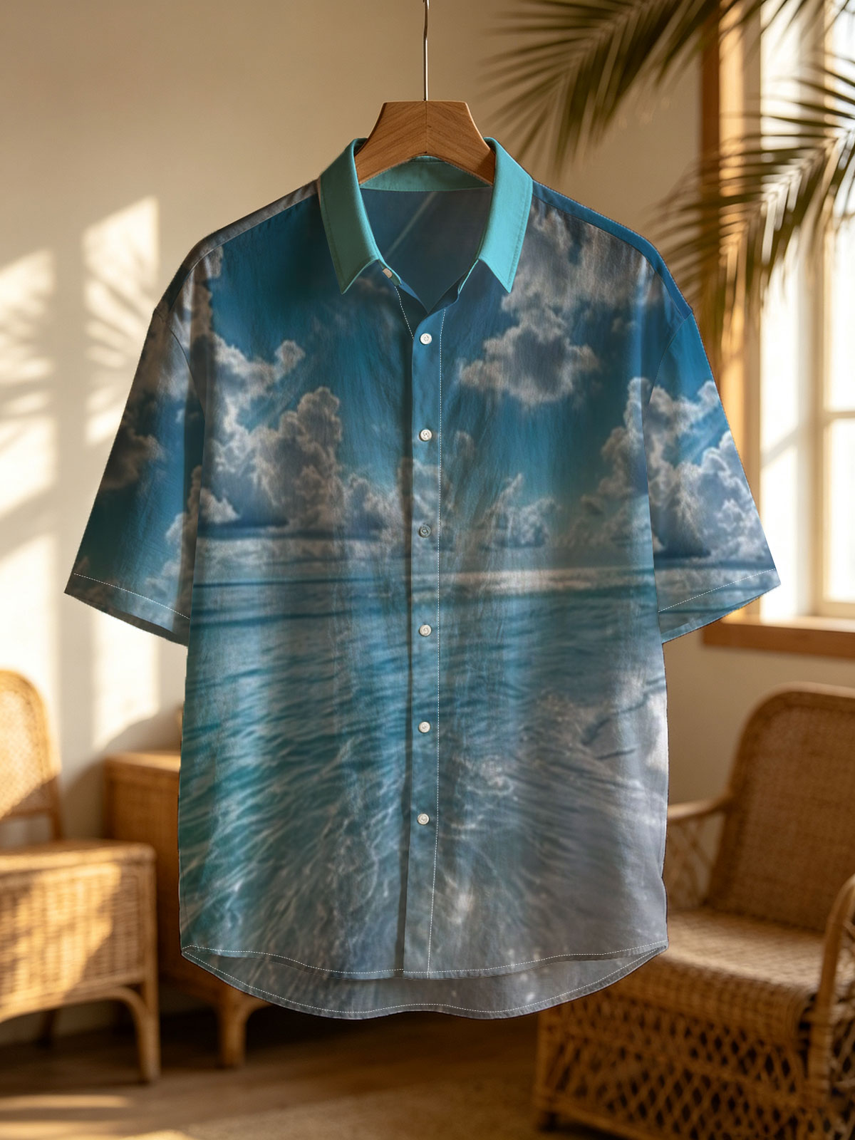 Sunlit Beach with Crystal Clear Waters and Fluffy Clouds -  Shirt