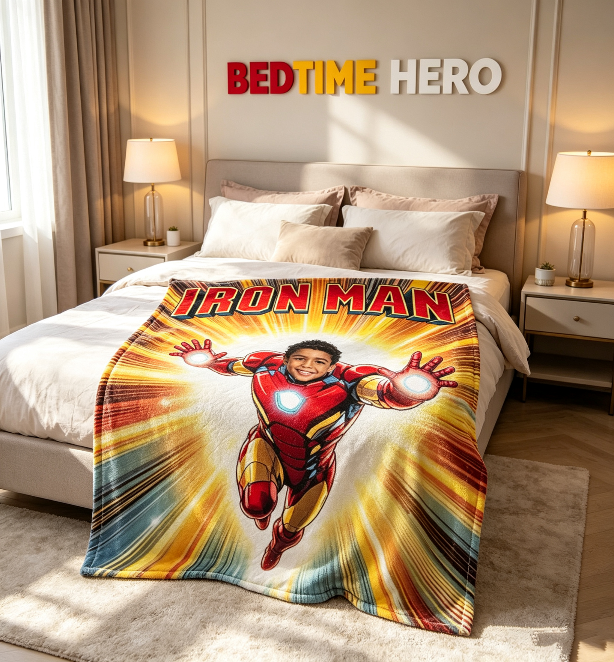 Personalized Custom Face Iron Man Blanket, Upload Photo Superhero Fleece Throw Blanket, Birthday Holiday Gift for Boys Kids