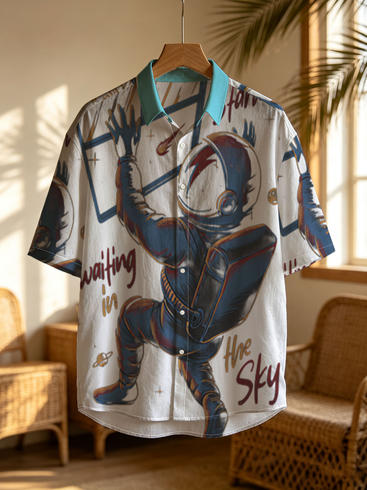 Starman in Space: Astronaut Reaching for Window, Cosmic Scene with Planets and Stars -  Shirt