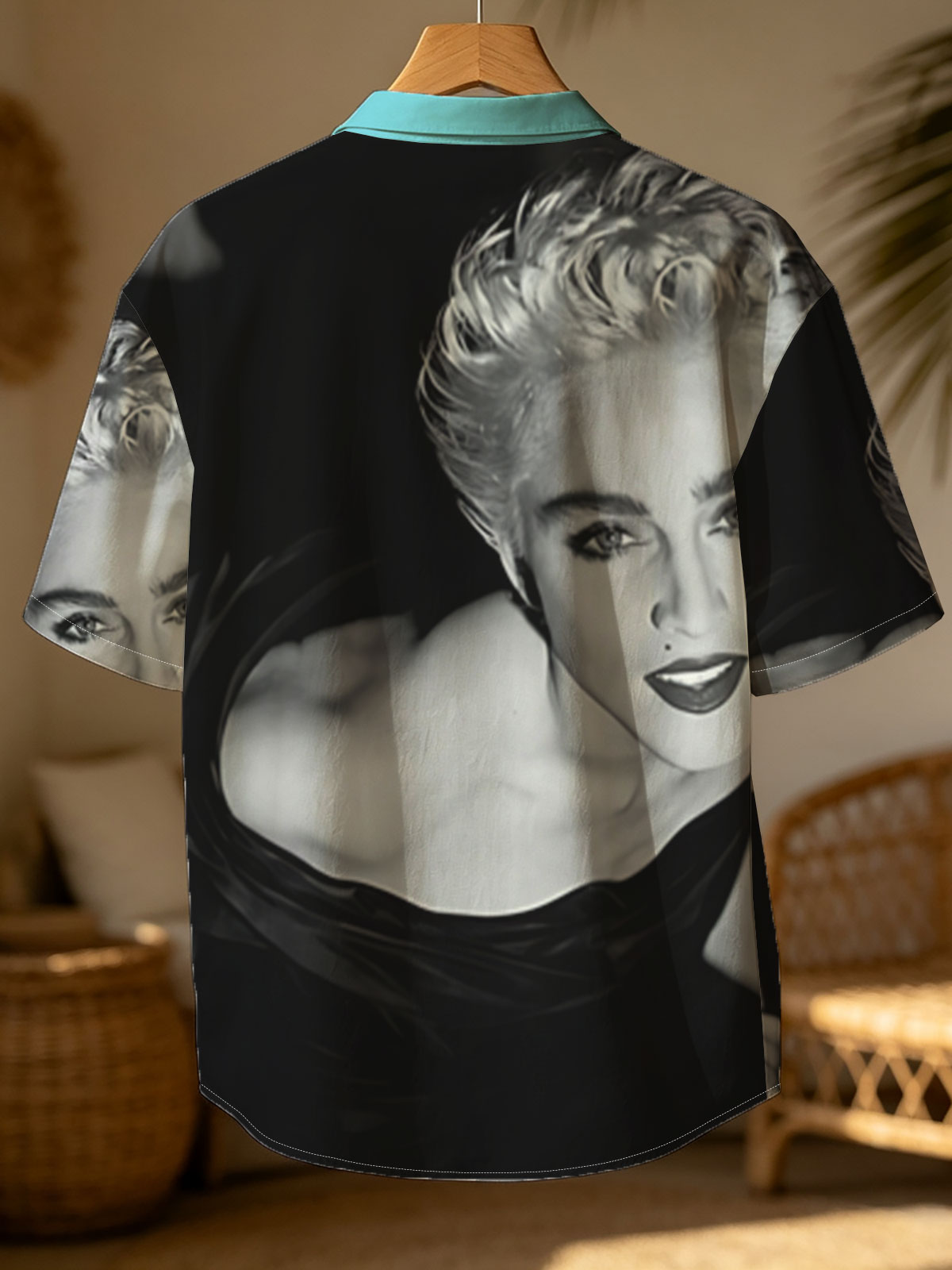 Madonna in a striking black and white portrait, showcasing bold makeup and voluminous blonde hair. -  Shirt