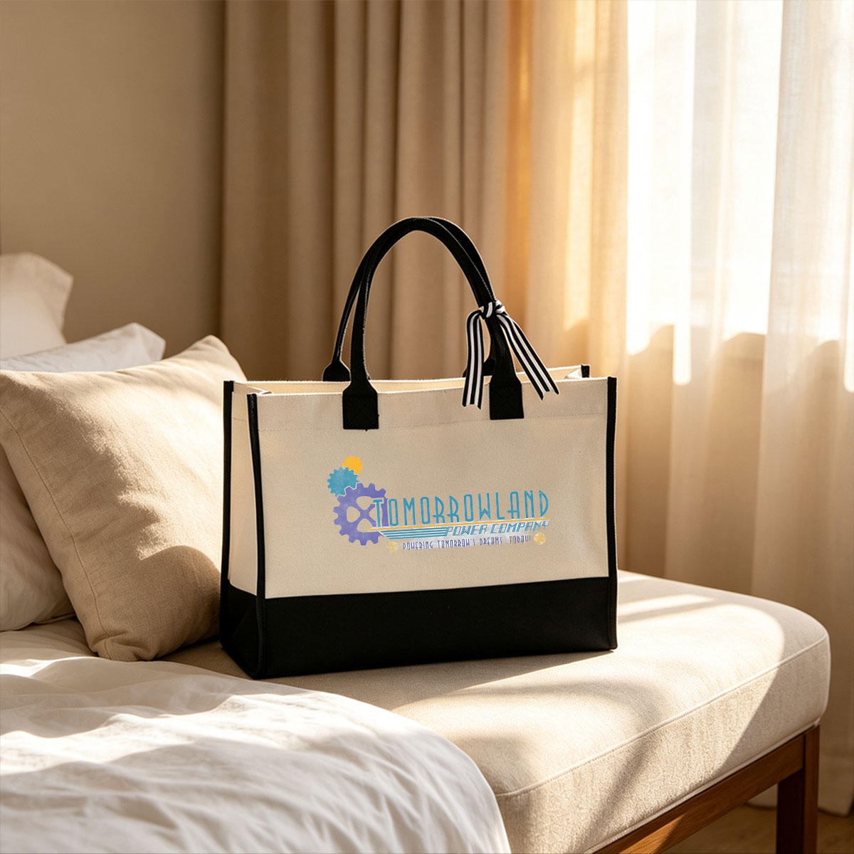 Tomorrowland Power Company: Powering Tomorrow's Dreams Today! - Canvas patchwork gift tote bag
