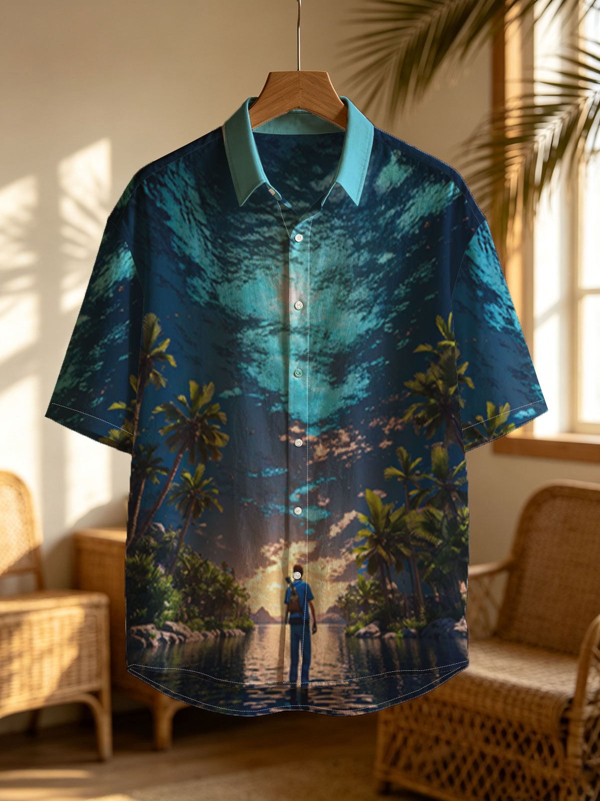 Man stands on water under surreal sky, surrounded by palm trees at twilight -  Shirt