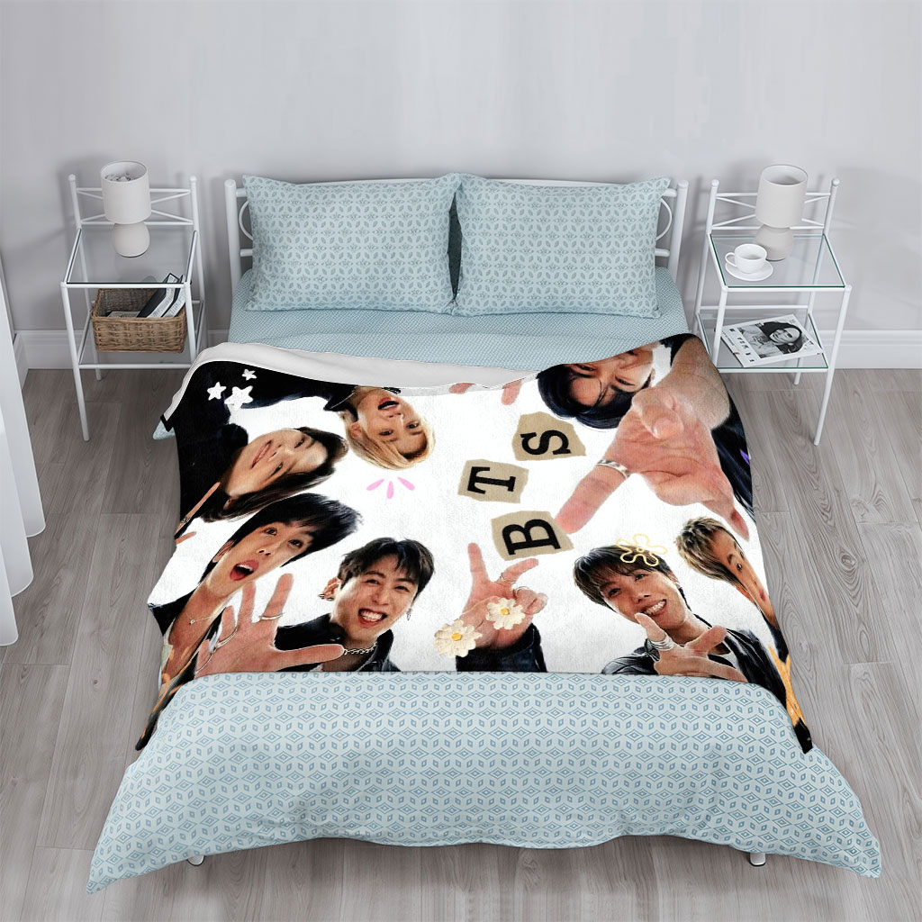 BTS Members in a Circle Forming BTS Letters with Hands and Expressive Poses - Blankets