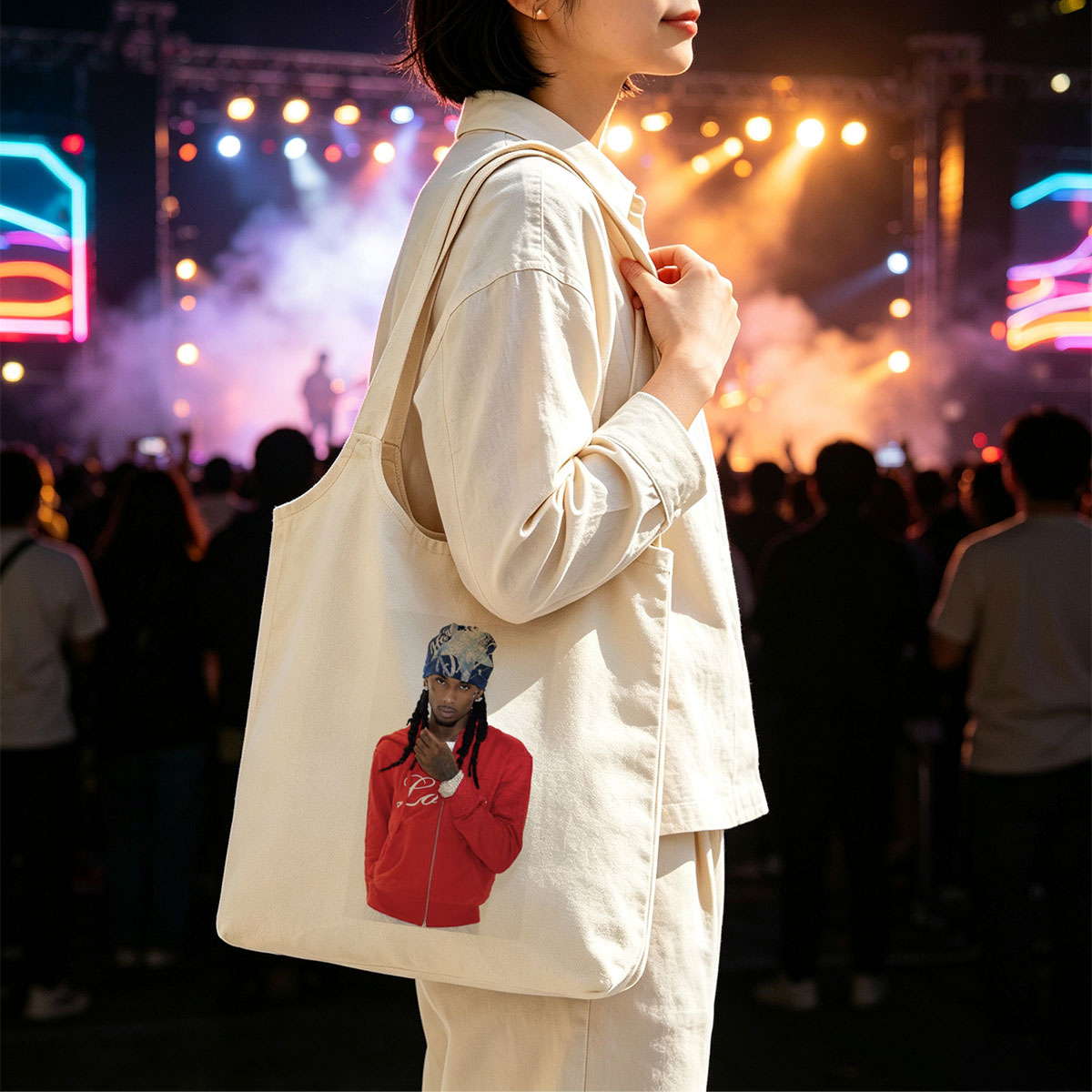 Travis Scott in a Red Hoodie and Bandana, Stylish Streetwear Look - Canvas shoulder bags/