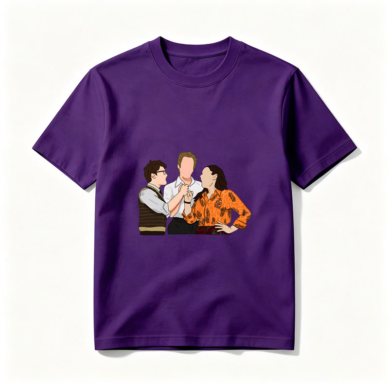 Three Characters in a Tense Interaction: Man in Vest, Central Figure, and Woman in Orange Shirt - Tee