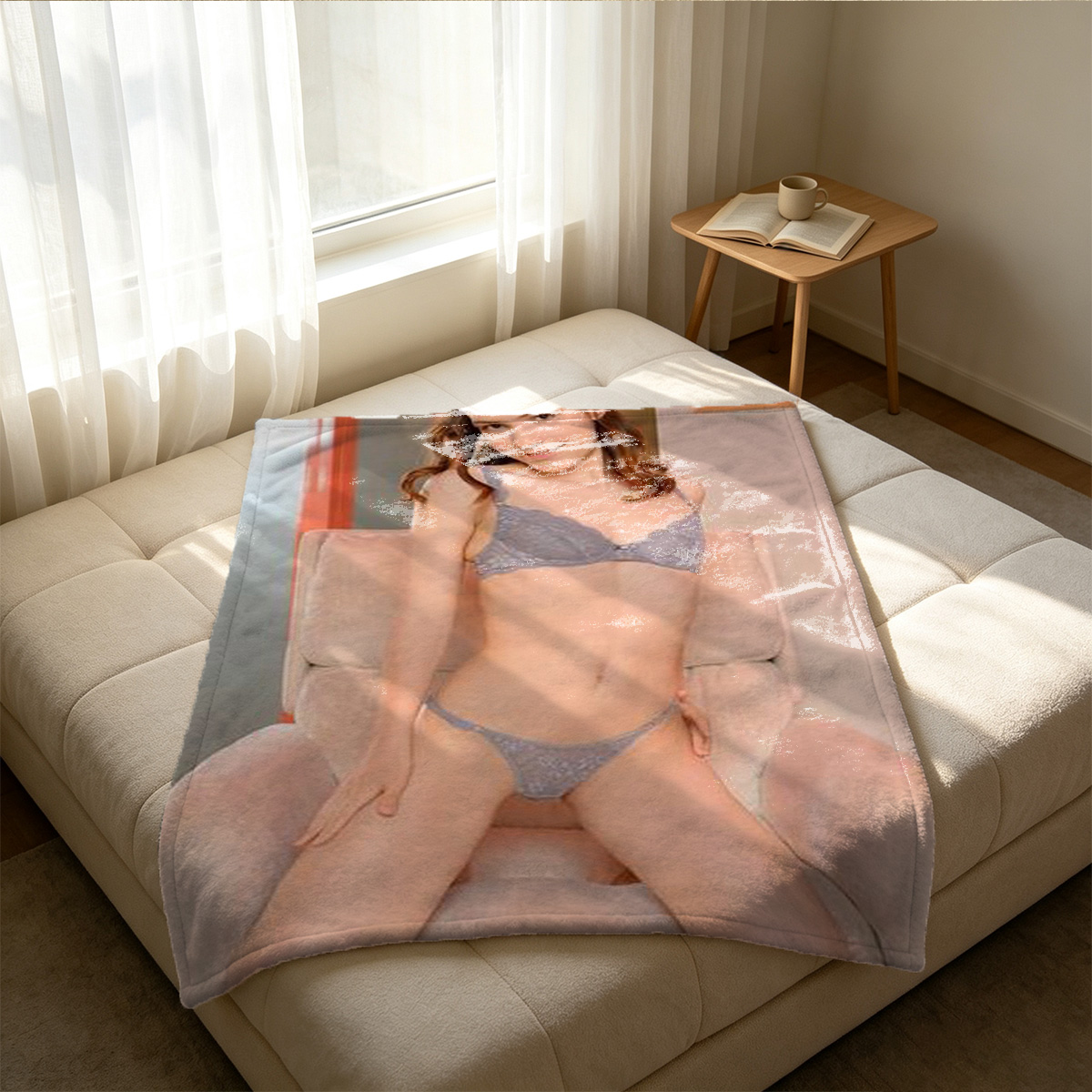 Woman in brown crop top pulling down pants in bedroom. - Blanket