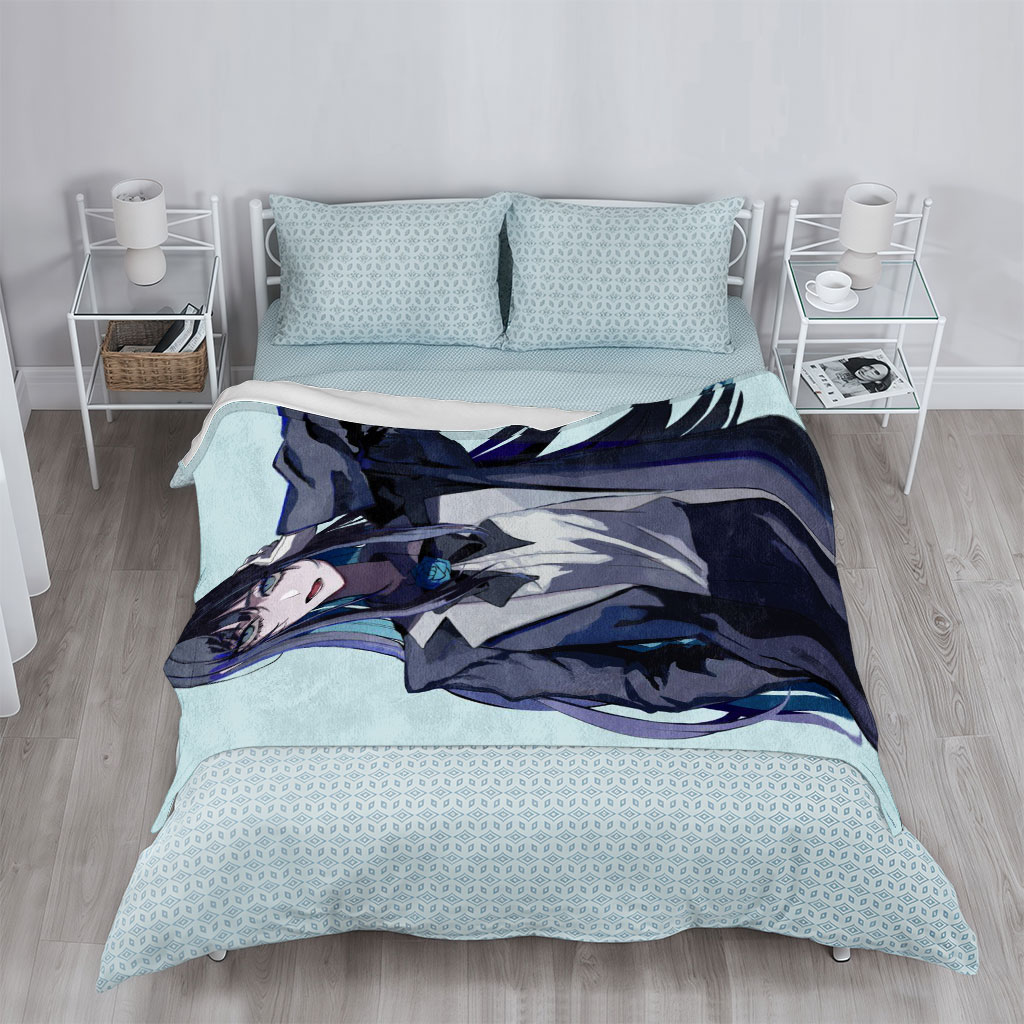 Anime Character in Formal Attire with Blue Rose and Long Hair - Blankets