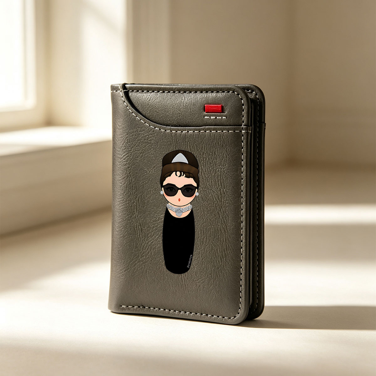 Audrey Hepburn Inspired Icon with Sunglasses and Pearl Necklace - Vertical Style Wallet