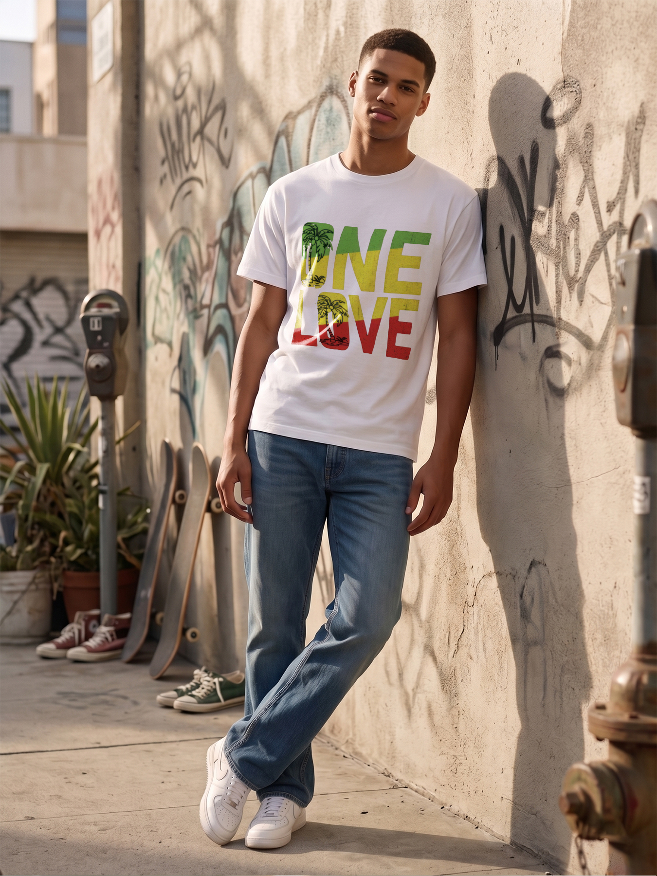 Men's One Love Palm Tree Print T-Shirt Rasta Colors Graphic Tee Casual Round Neck Lightweight Breathable Summer Short Sleeve Shirt for Beach Vacation Travel Outdoor Activities Adults Male