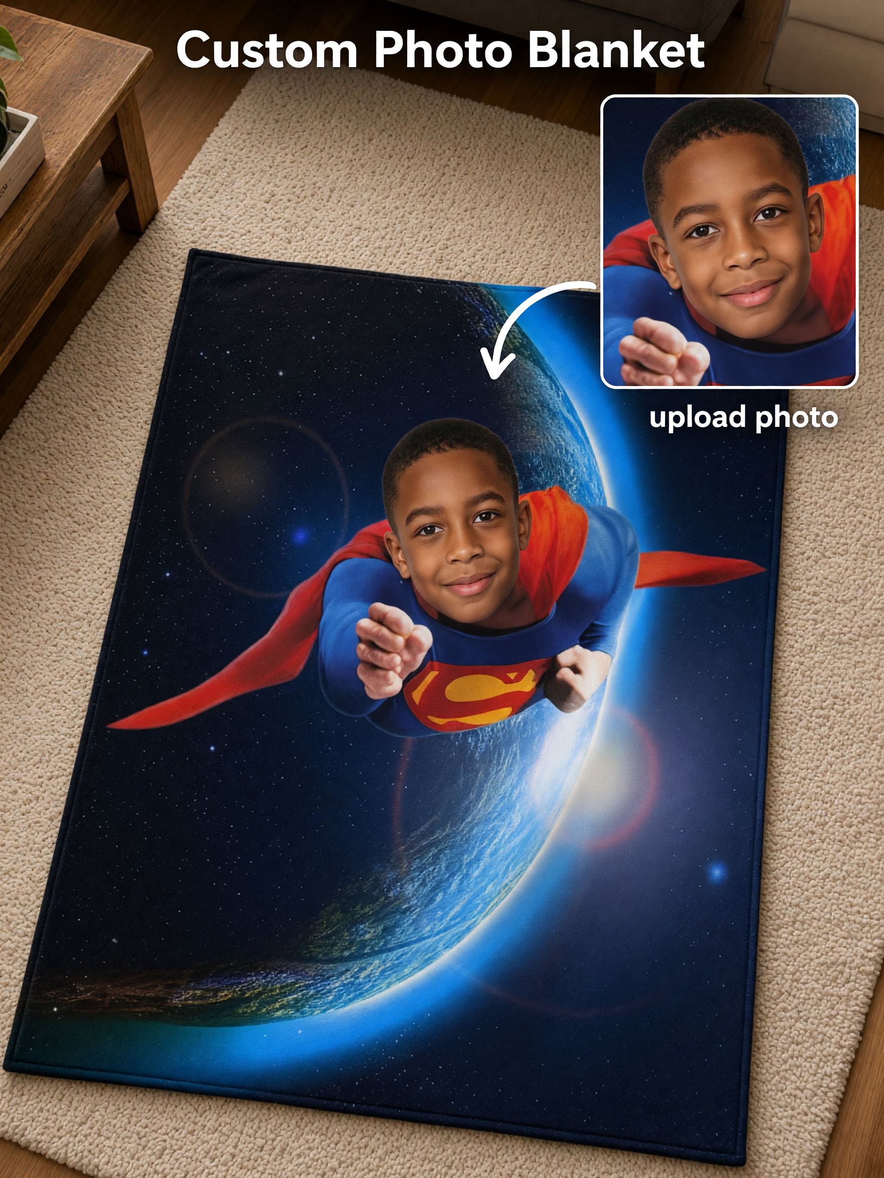 Custom Photo Face Flannel Blanket Personalized Superhero Portrait Plush Throw Lightweight Skin Friendly Cozy Fleece Bed