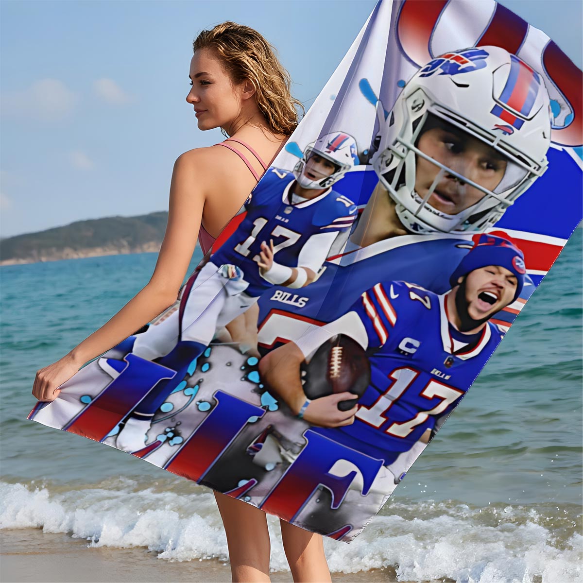 Josh Allen, Buffalo Bills QB, in Action and Celebration Moments - Beach towels