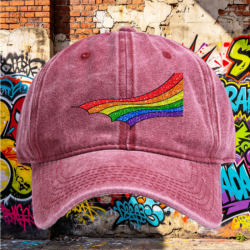 Unisex Classic Washed Cap with Rainbow Glitter Print + Unisex Classic Washed Cap for Outdoor Activities, Festivals, and Casual Wear + Suitable for Adults Who Love Colorful Fashion and Expressive Style