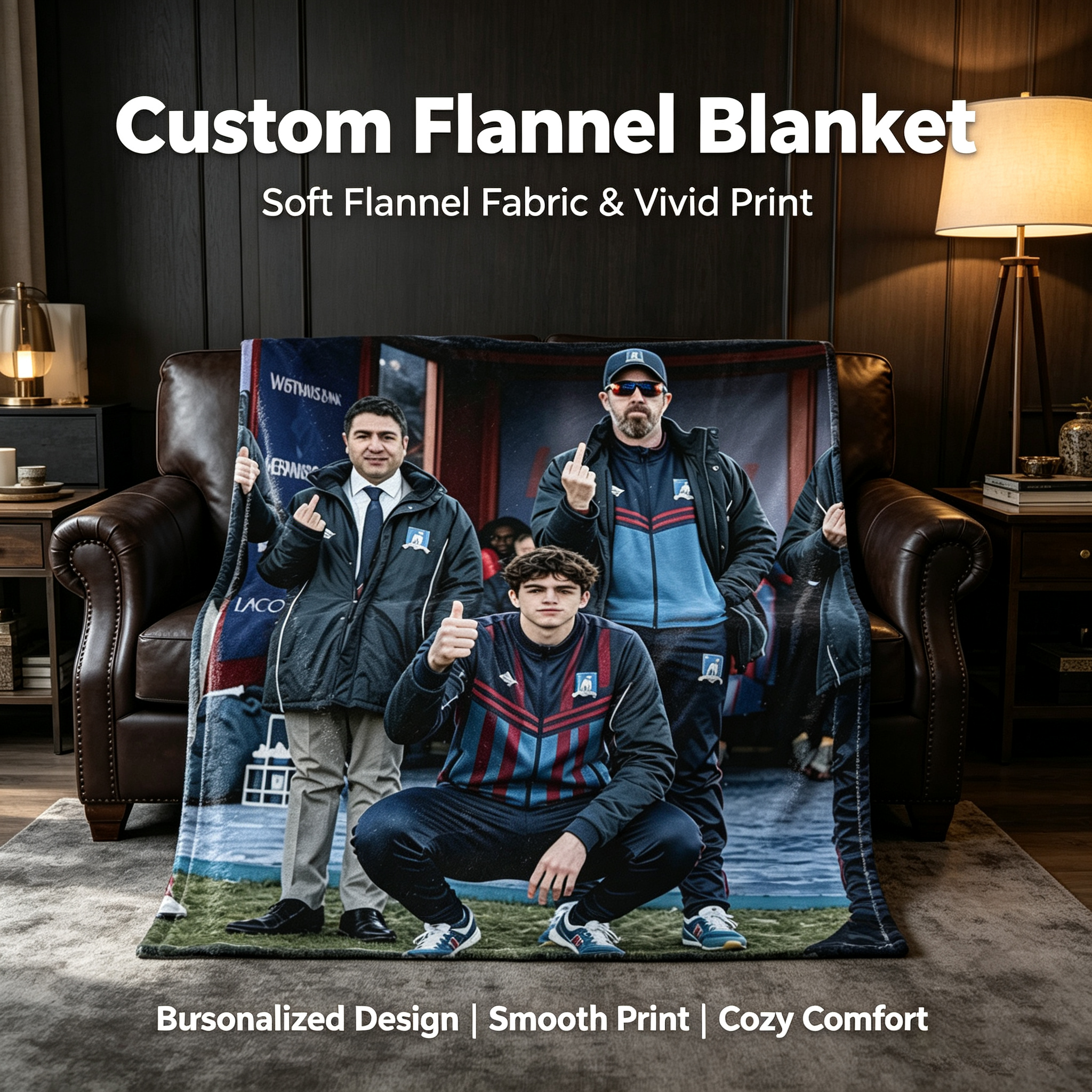 Custom Face Blanket Featuring Football Team Portrait Flannel Blanket for Home Decor and Fan Gifts