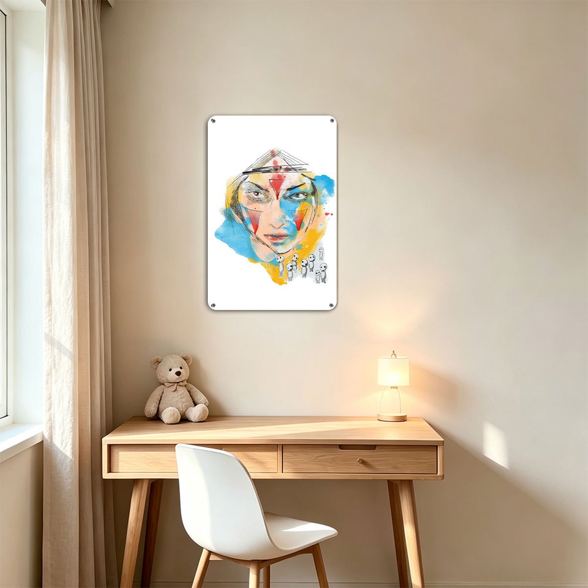 Abstract Portrait with Colorful Geometric Patterns and Miniature Figures - painting
