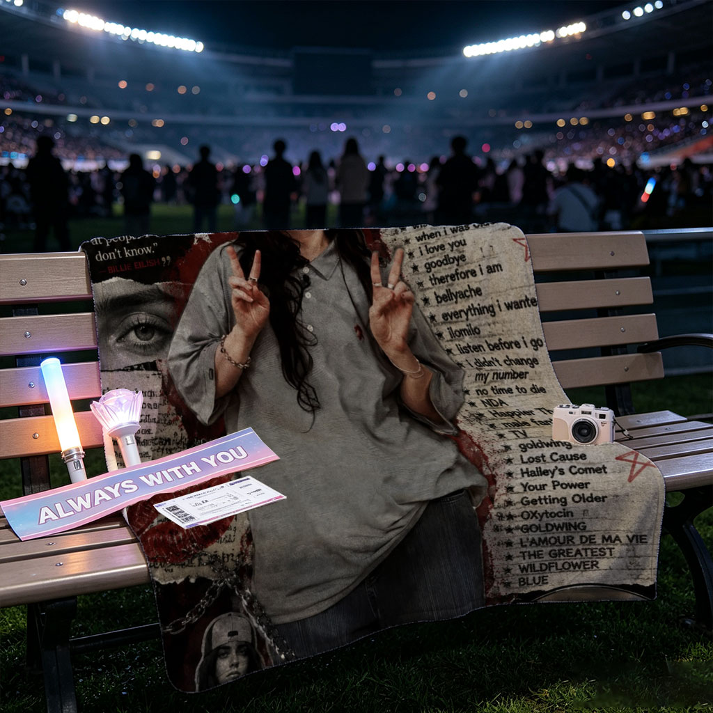 Billie Eilish Fan Art Collage Featuring a Person in a Beanie Making Peace Signs with Lyrics and Quotes - Blankets