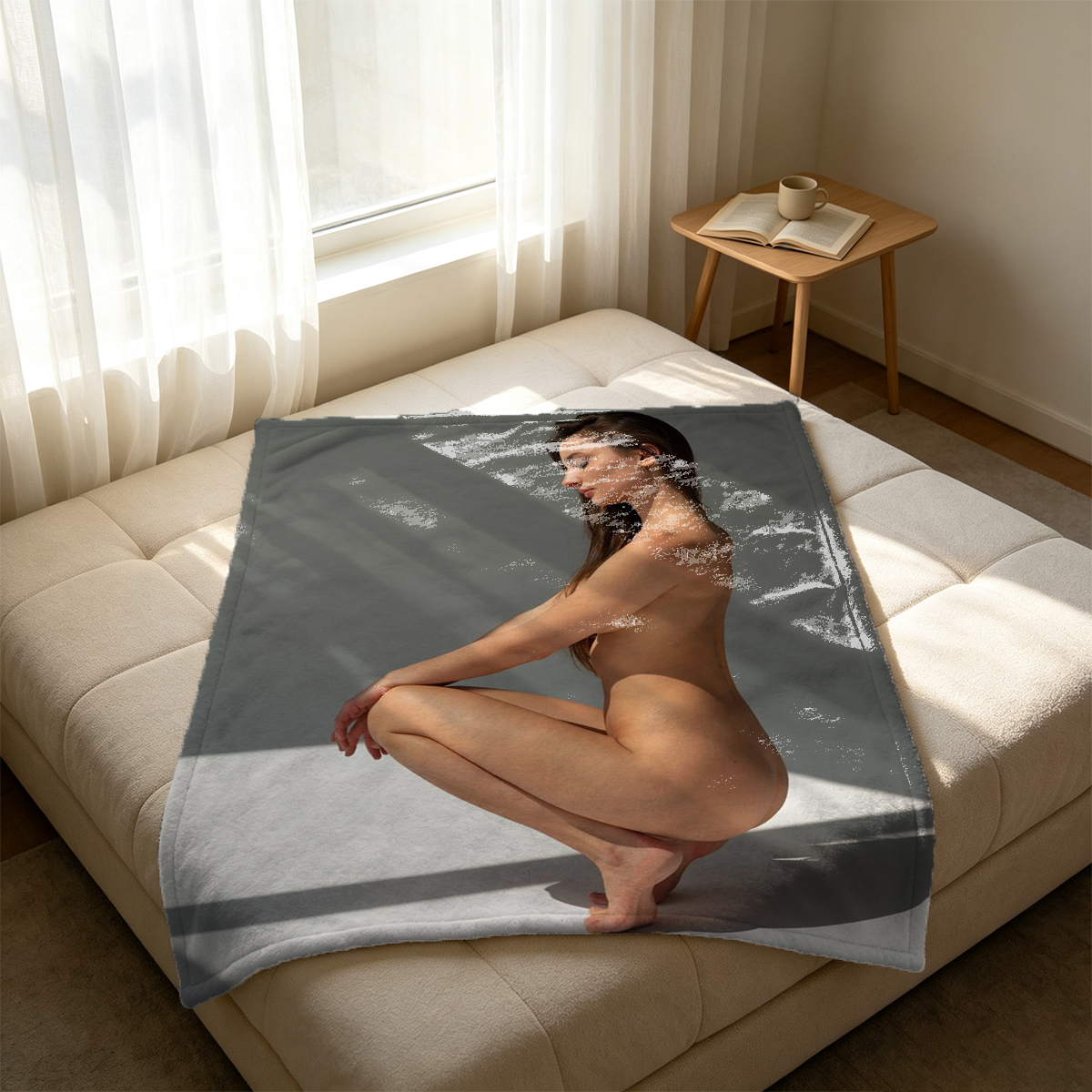 Two Seductive Asian Beauties in Sheer Black and Gold Lingerie Posing Intimately on Marble Table - Blanket