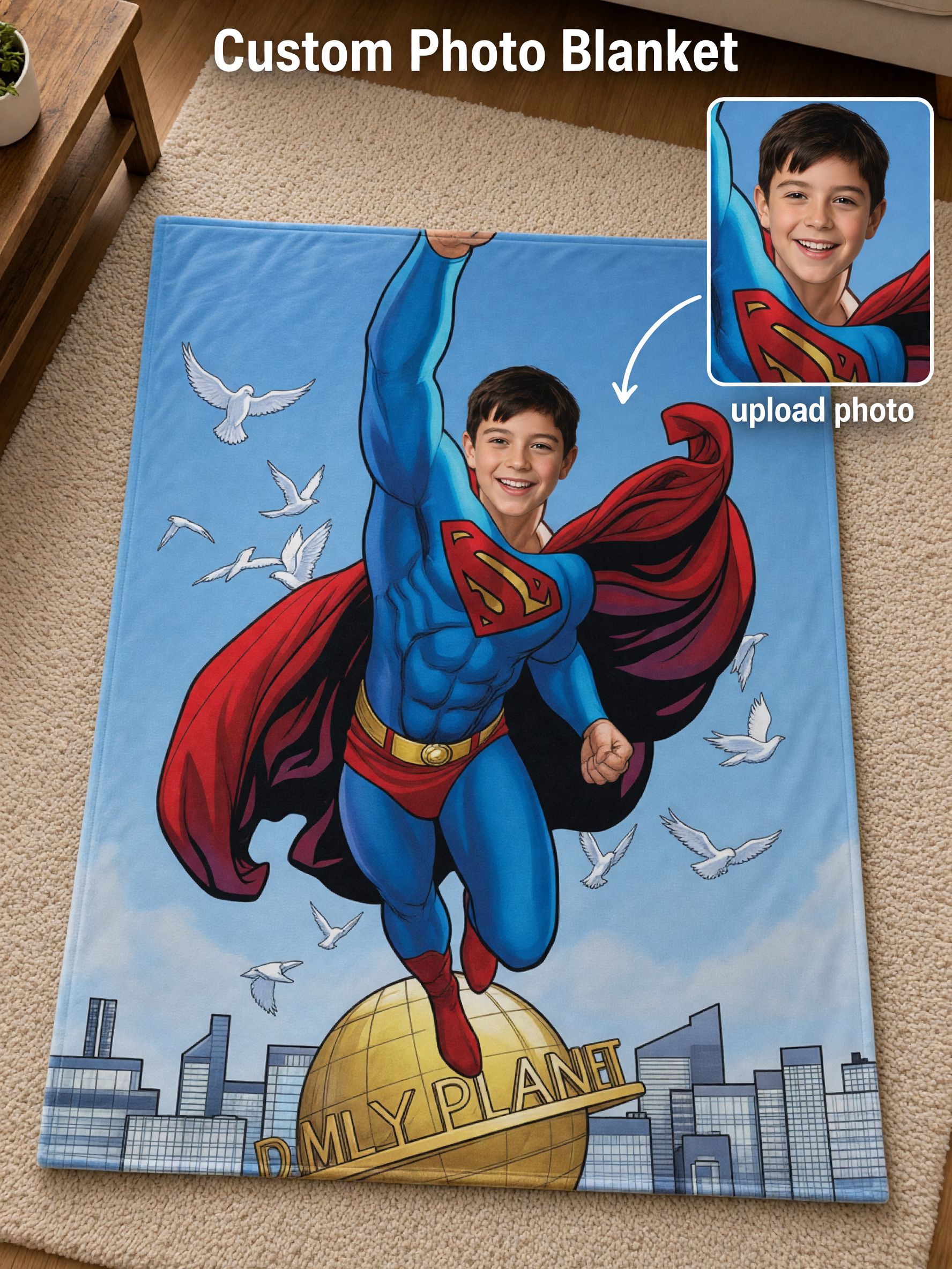 Custom Photo Superhero Flannel Fleece Blanket Personalized Face Flying Hero Comic Art Soft Throw for Bed Couch and