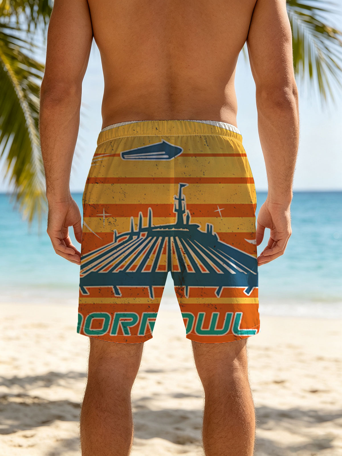 Tomorrowland: Iconic Space Mountain Silhouette with Retro Solar Background -  Beach shorts