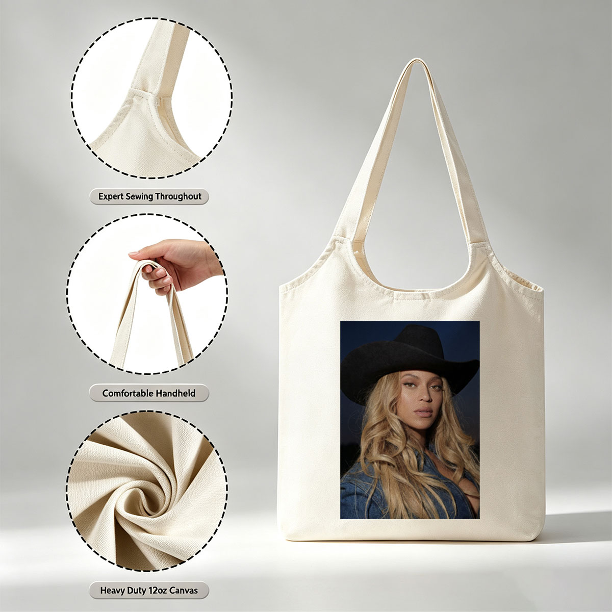 Beyonce in Cowboy Hat and Denim Jacket Against Dark Sky Background - Canvas shoulder bags/