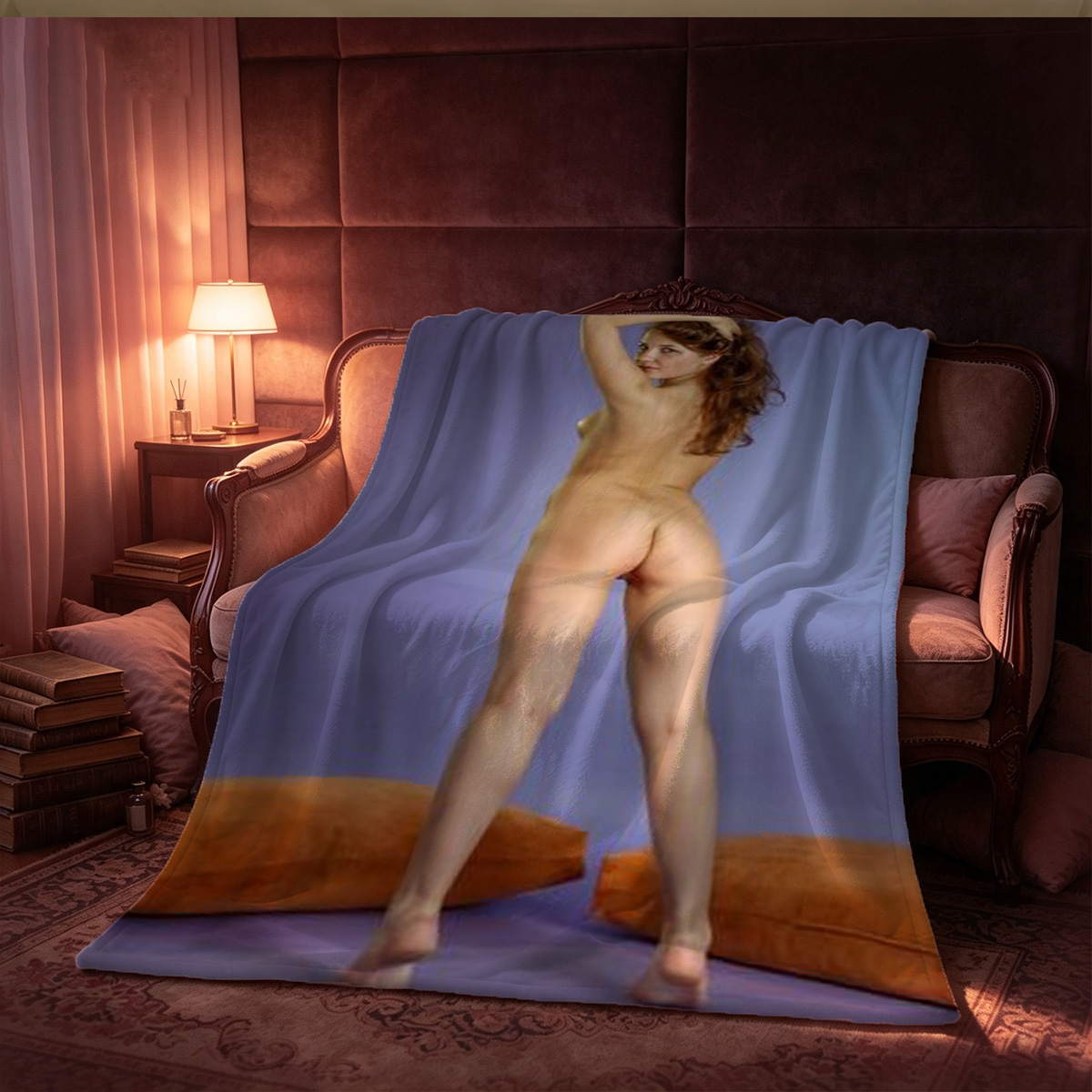 Sharon Stone in a blue silk nightie lying on a red bed with roses. - Blanket