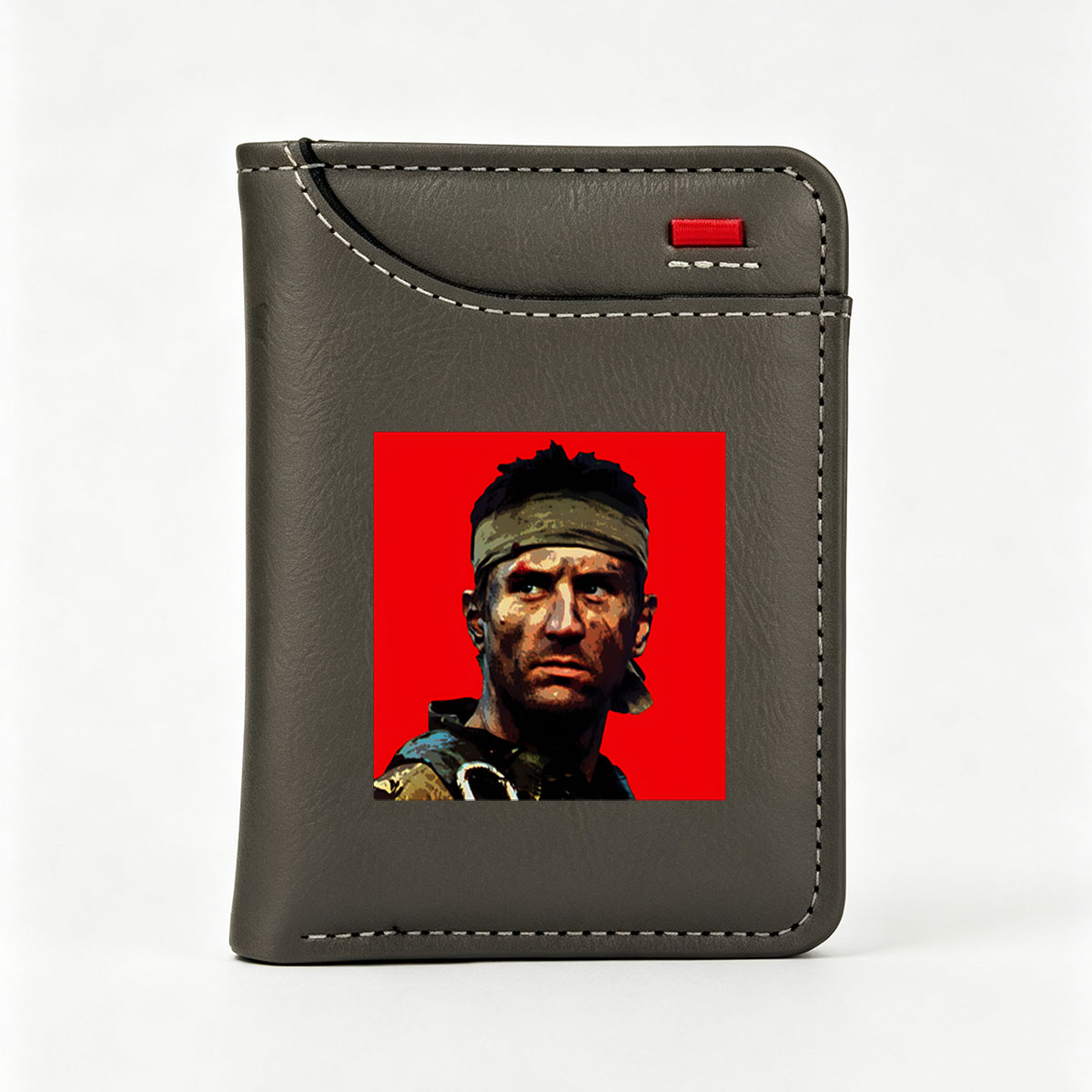 John McClane in Die Hard, intense action hero with headband and rugged look against red background - Vertical Style Wallet