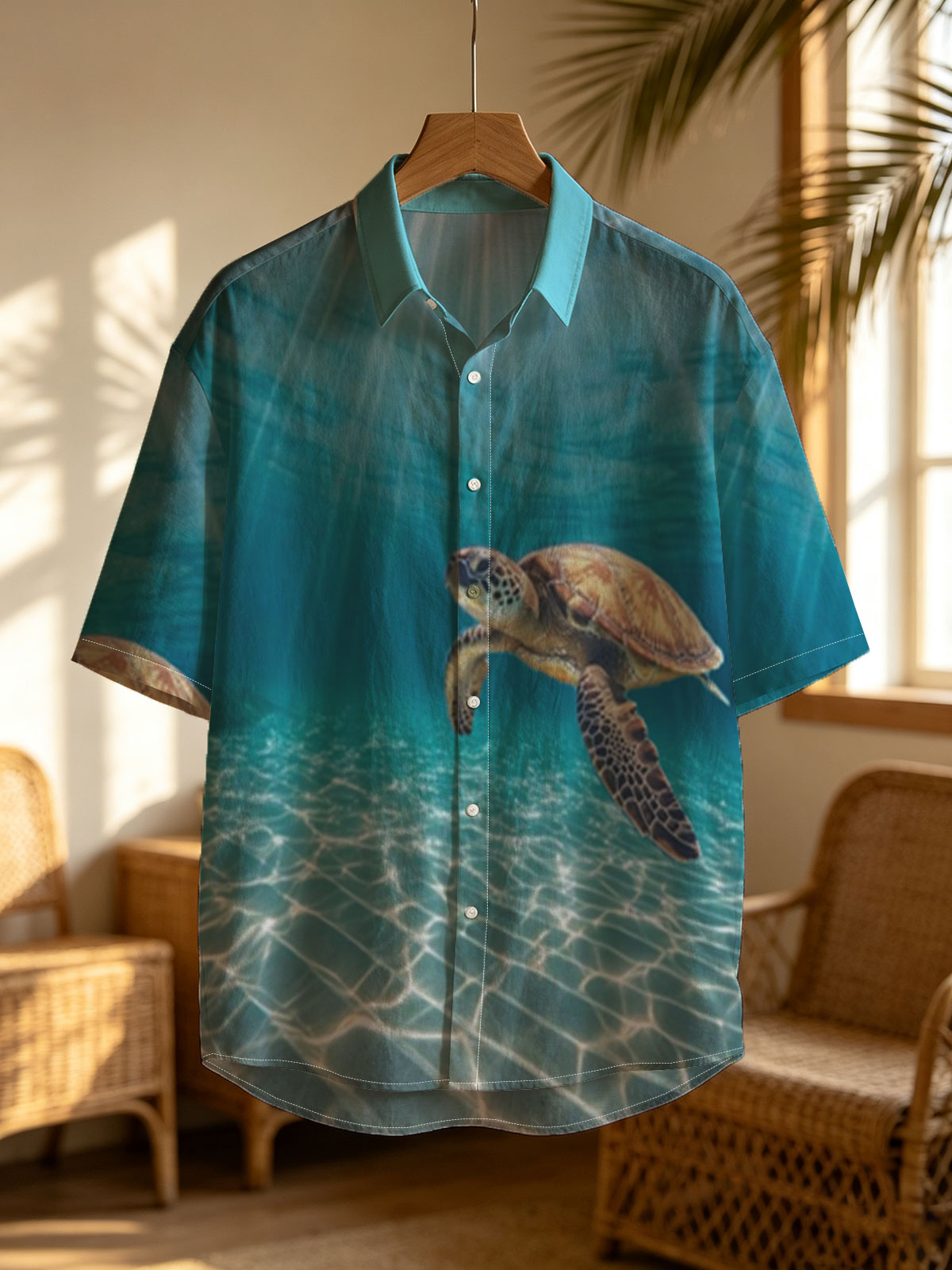 Sea turtle glides through sunlit waters, rays shimmering above. -  Shirt