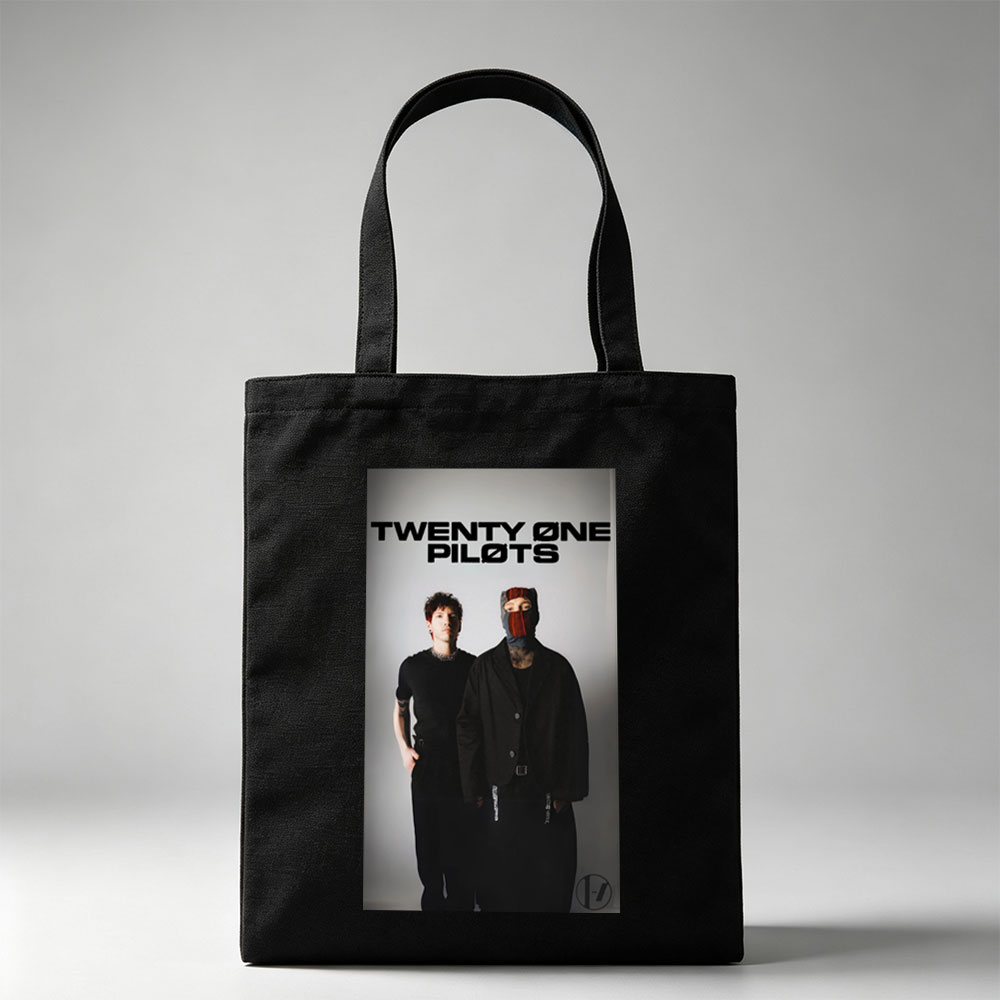 Twenty One Pilots Standing in Black Outfits with One Member Wearing a Mask and the Band Name Displayed Above Them - Canvas tote bags