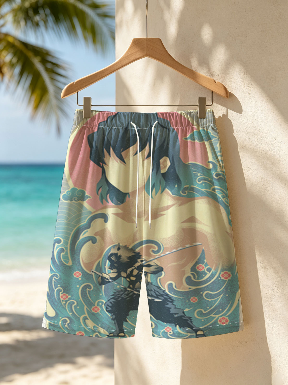 Inosuke Hashibira from Demon Slayer: Kimetsu no Yaiba, depicted in a dynamic pose with his twin swords, set against a stylized wave and sun background. -  Beach shorts