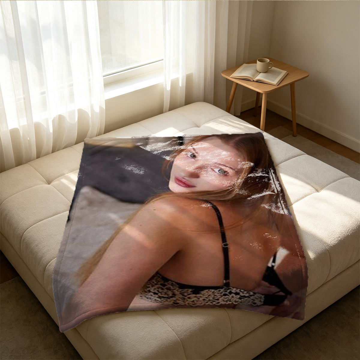 A woman in a yellow floral dress and shiny zip-up bikini bottom posing seductively against a red wall. - Blanket