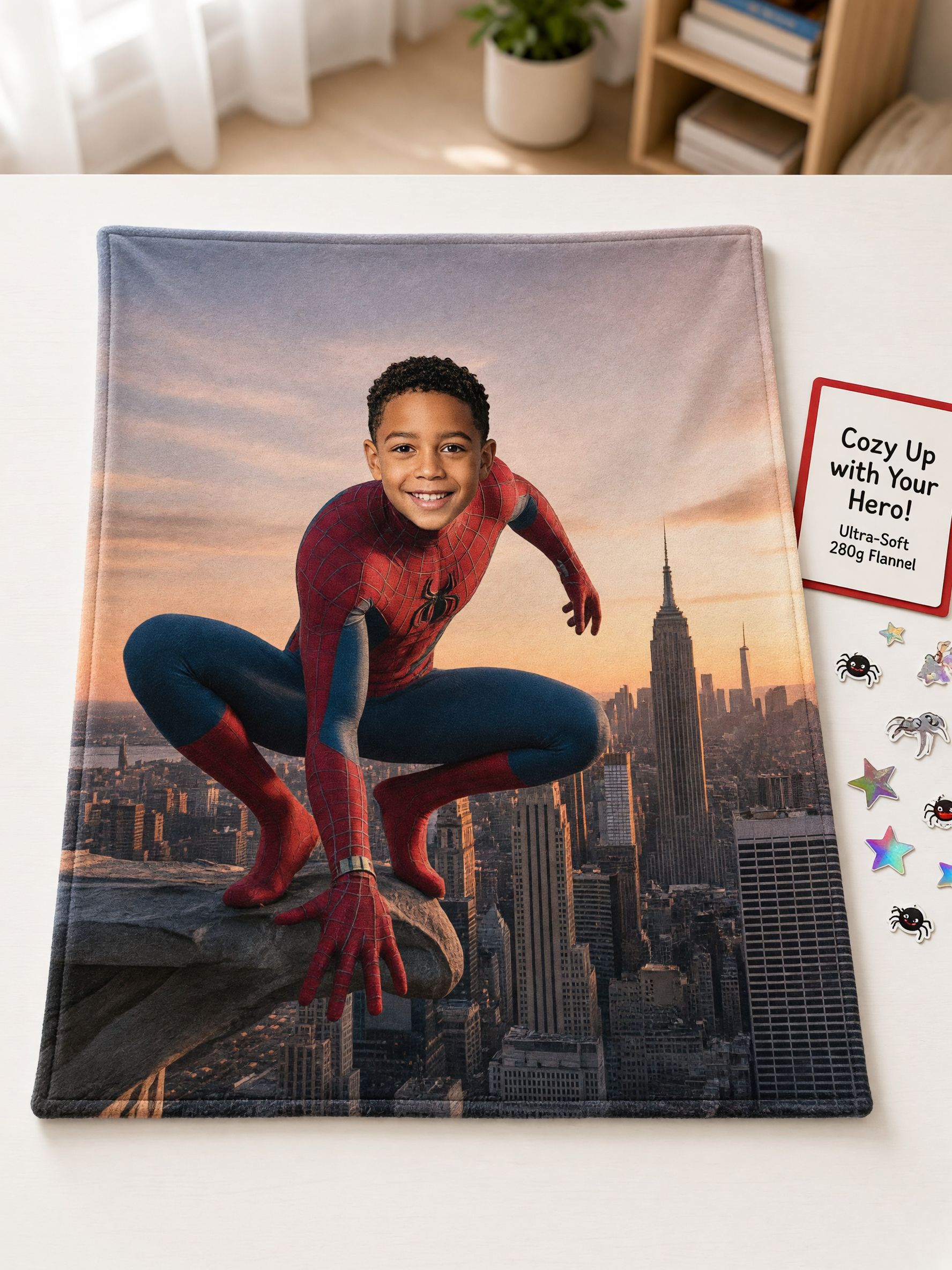 Custom Face Photo Superhero Flannel Throw Blanket Personalized City Hero Ultra Soft Cozy Bed Couch Fleece Gift for Kids
