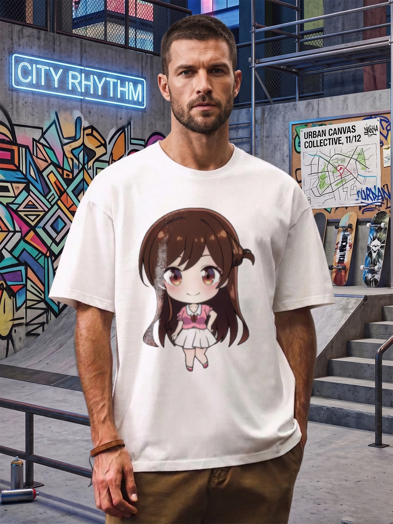 Men's Anime Girl Print T-Shirt Cute Chibi Character Design Casual Round Neck Summer Lightweight Breathable Short Sleeve Tee for Anime Fans and Otaku Culture Enthusiasts