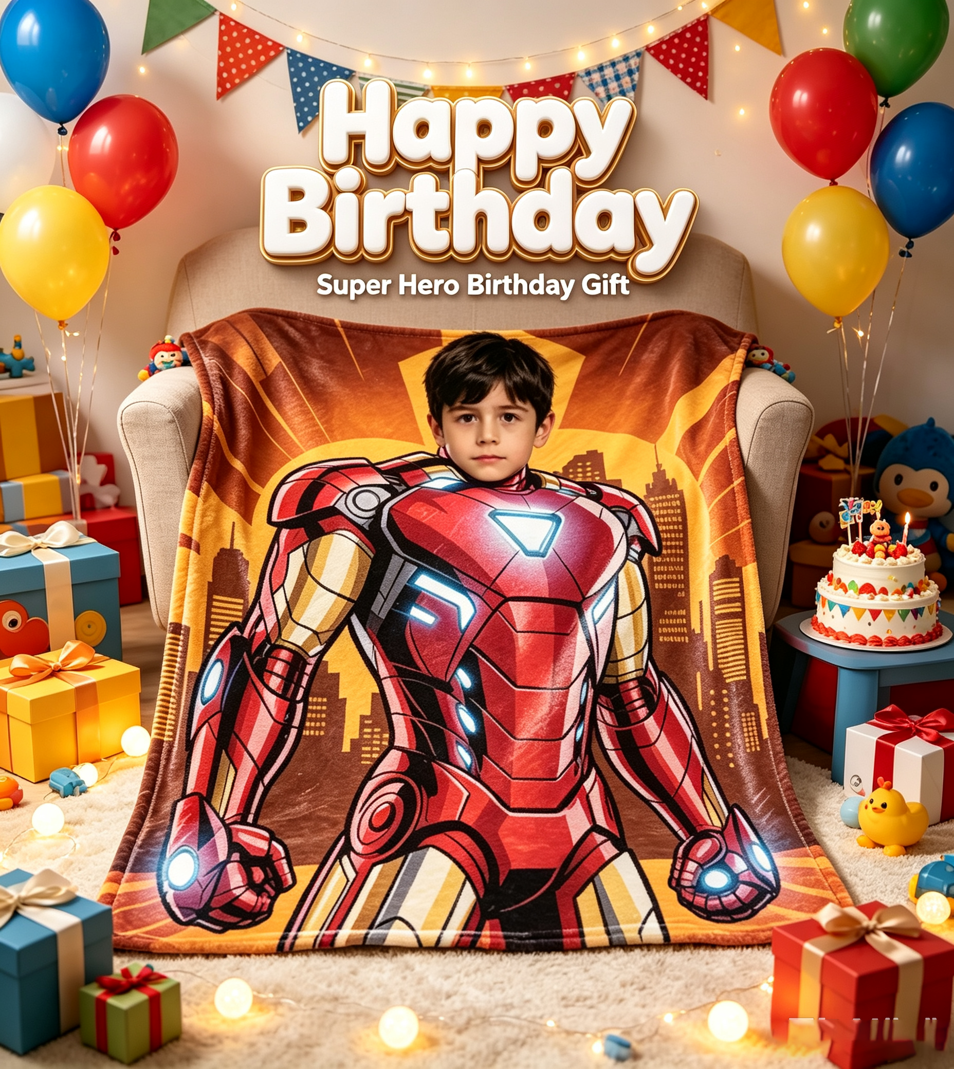 Custom Face Superhero Blanket for Boys, Personalized Soft Flannel Throw Blanket with Child Photo, Custom Hero Theme Birthday Christmas Gift for Kids