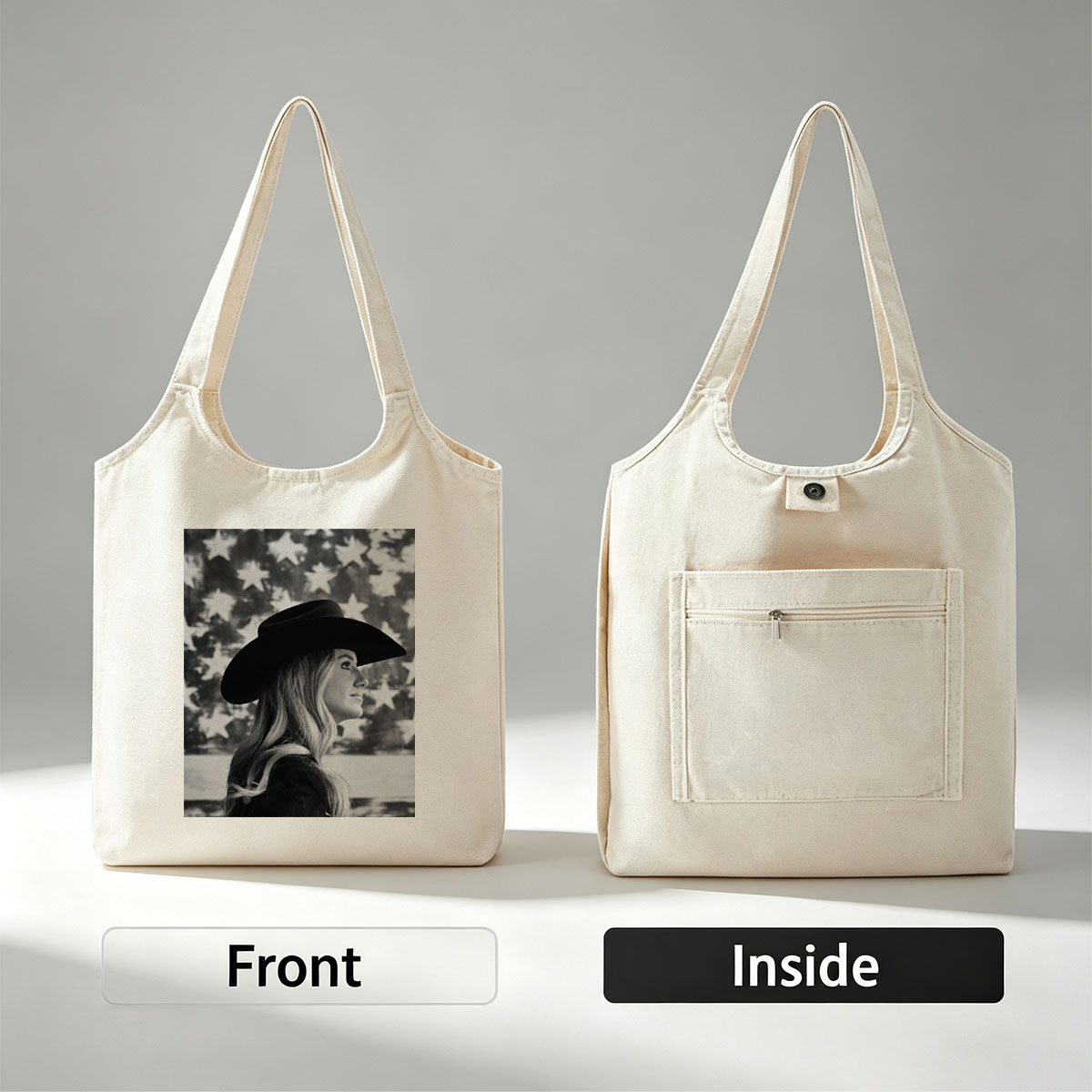 Carrie Underwood in Cowboy Hat with American Flag Background – Black and White Portrait - Canvas shoulder bags/
