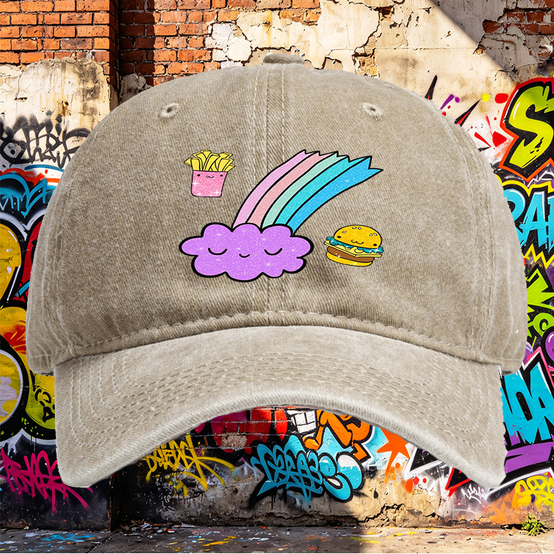 Unisex Classic Washed Cap with Kawaii Rainbow Cloud, Happy Fries & Burger Print – Casual Streetwear Hat for Youth and Trendy Adults, Perfect for Daily Wear, Outings, and Festivals