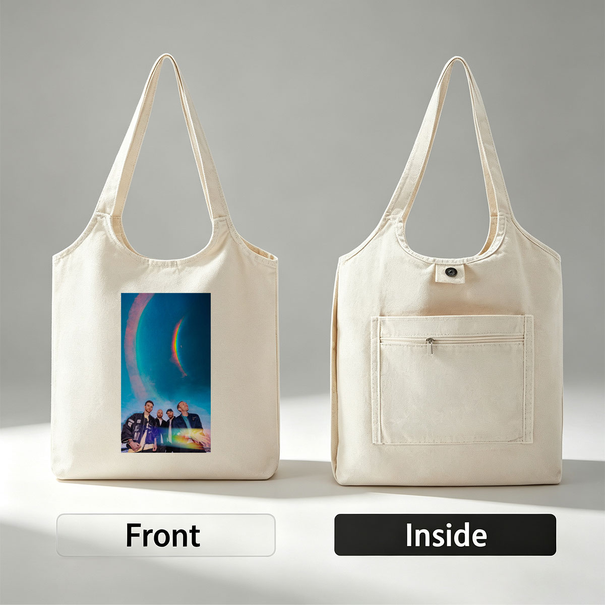 Coldplay in a Cosmic Scene with Rainbow Halo and Starry Sky Background - Canvas shoulder bags/
