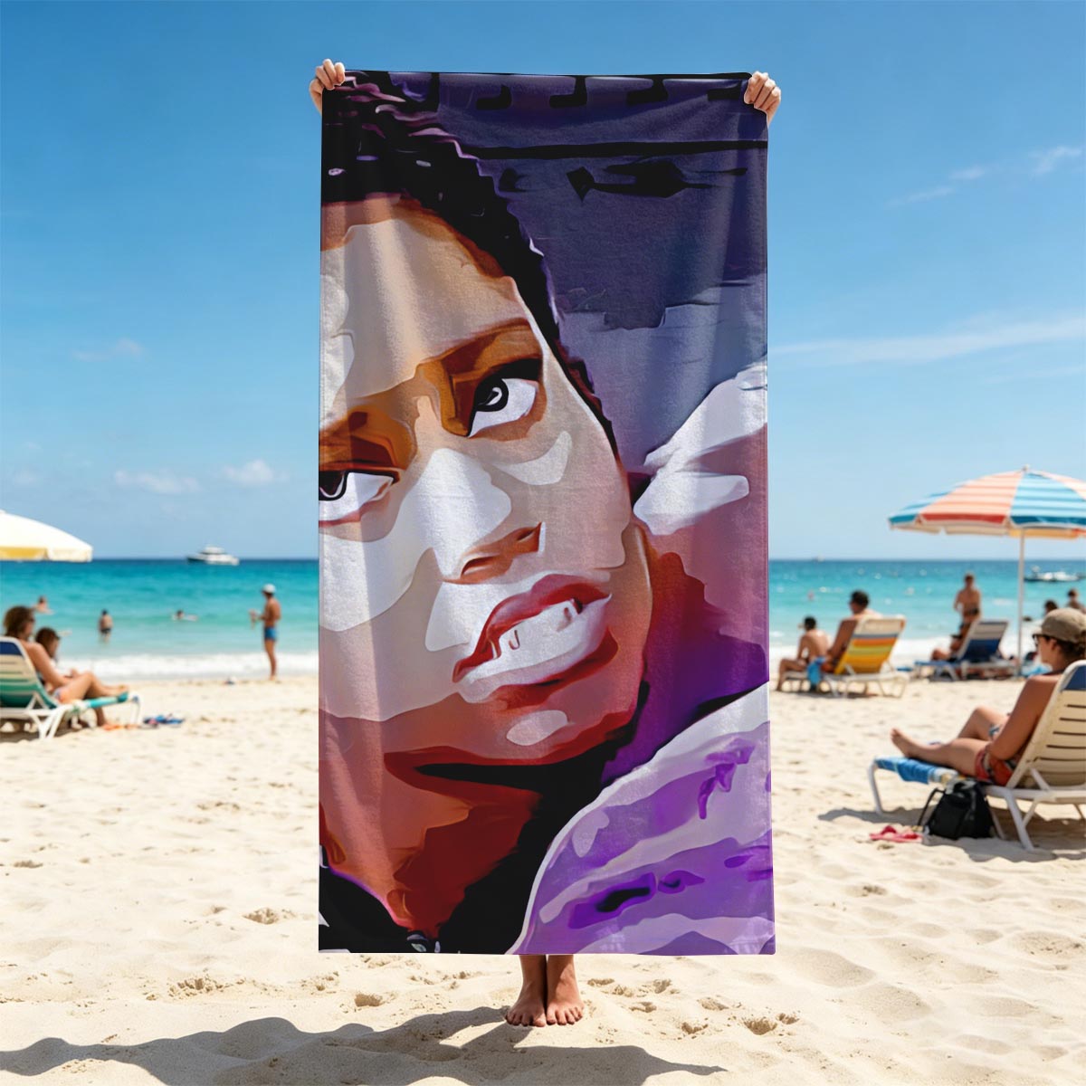 Woman with Braids and Hoop Earrings in Striped Shirt, Man in Purple Shirt with Tattooed Back - Beach towels