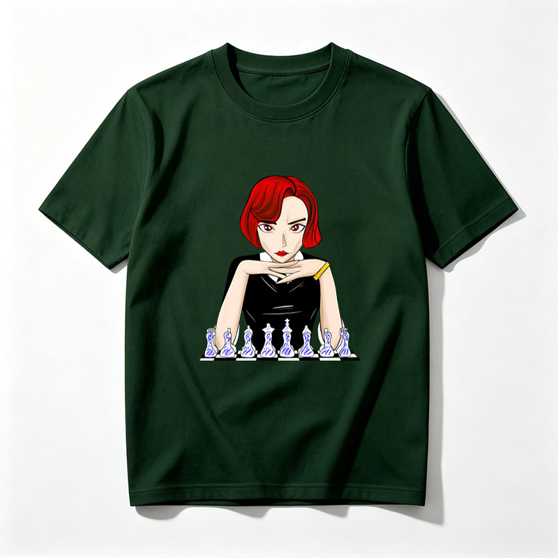 Red-Haired Woman in Black Dress Playing Chess - Tee